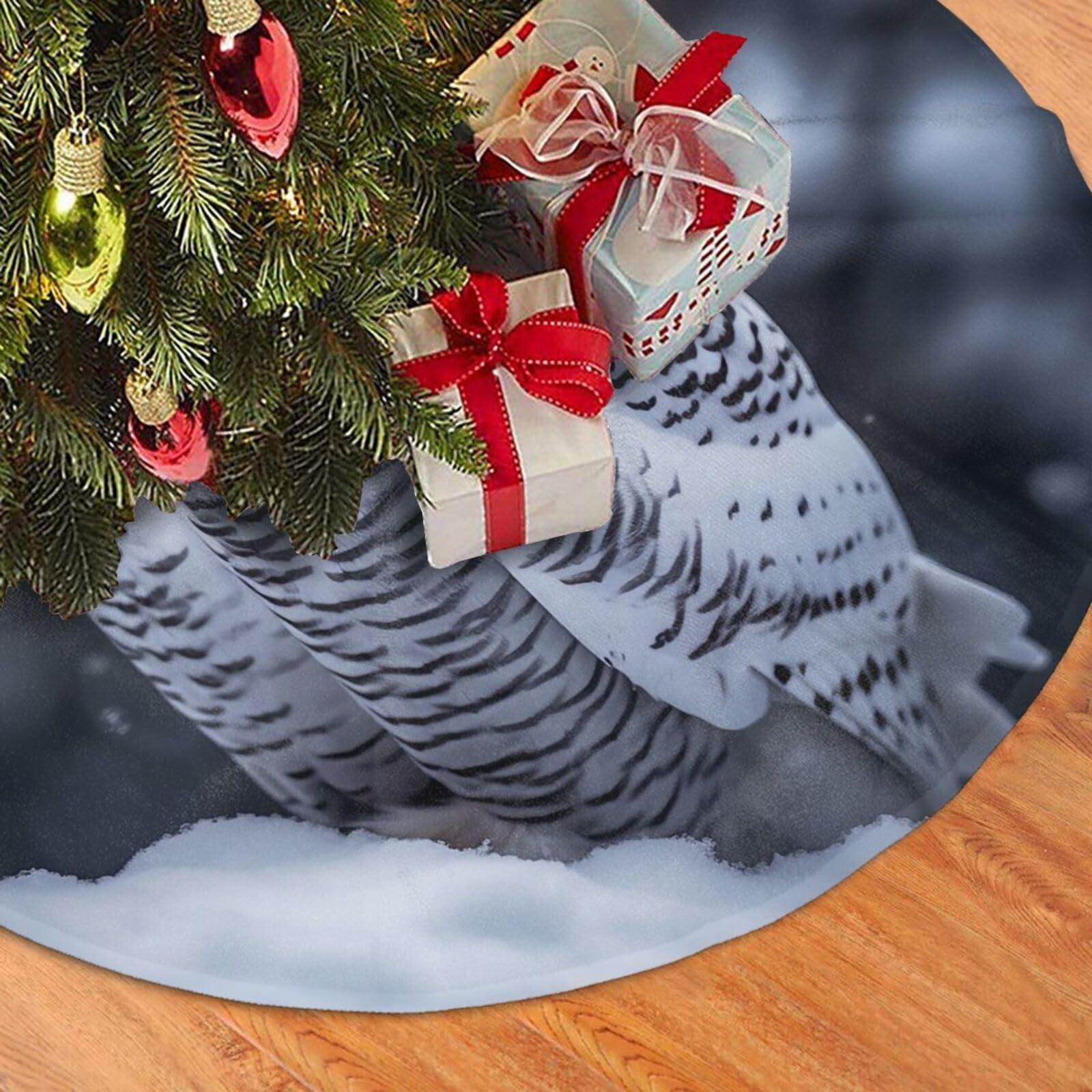 Fodpand Black Arctic Owl Christmas Tree Skirt 36" Velvet Xmas Tree Skirt Mat Rustic Christmas Tree Mat Cover Winter Xmas Tree Collar For Indoor Outdoor Christmas Decorations