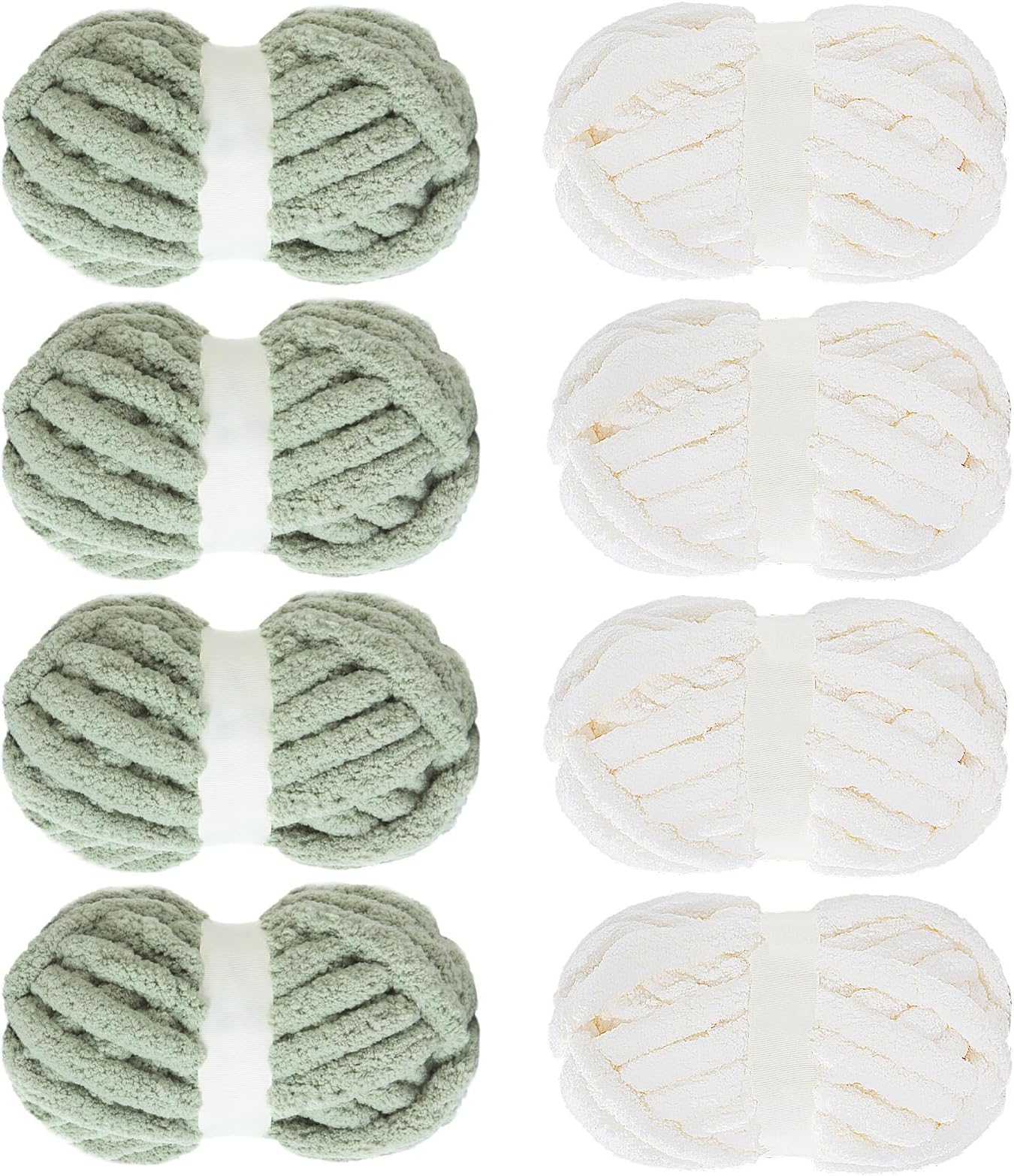 Mabozoo Assorted Chunky Yarn for Crocheting 8 Pack: Fluffy Chenille, Soft Plush, Giant Thick Fuzzy Yarn. 4 White & 4 Sage Green (31.7 yds, 8 oz Each Skein)