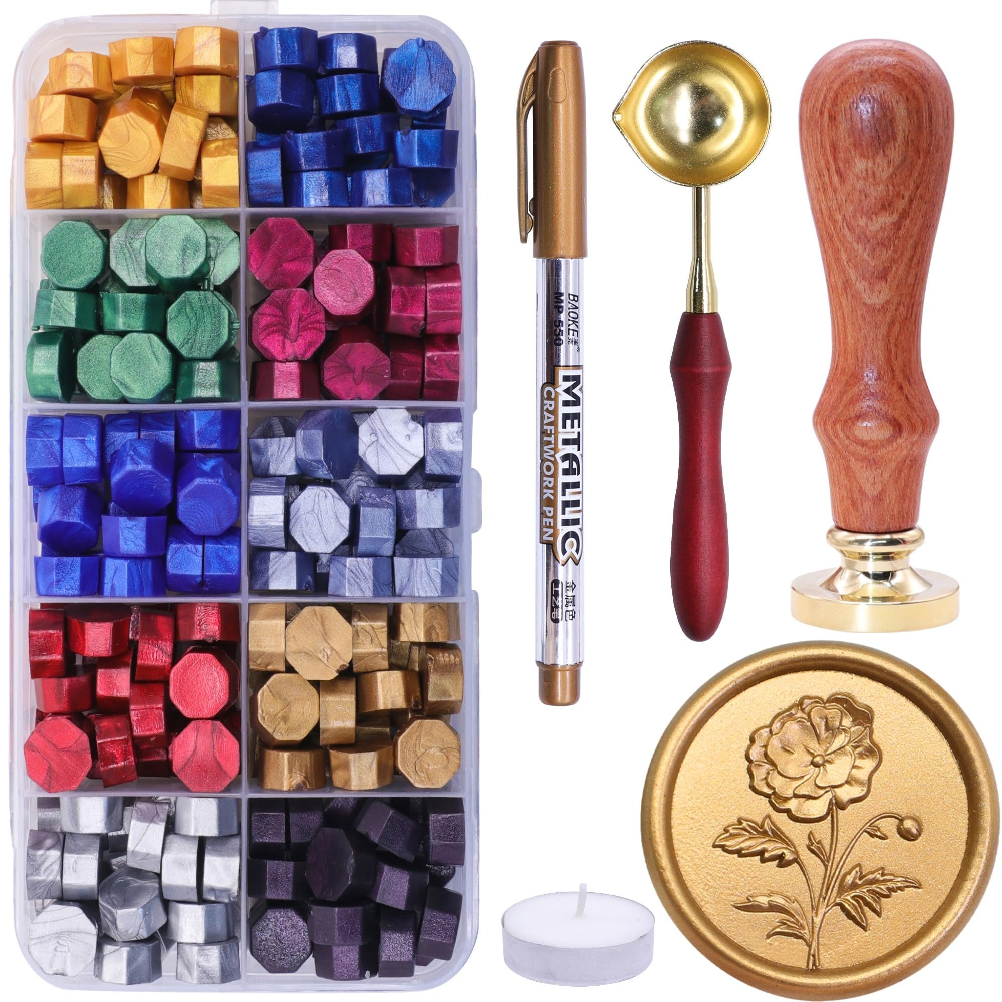SWANGSA Wax Seal Kit, 3D Flower Stamp with 200pcs Sealing Wax Beads, Great for Embellishment of Wedding Invitations, Wine Packages, Gift Wraps