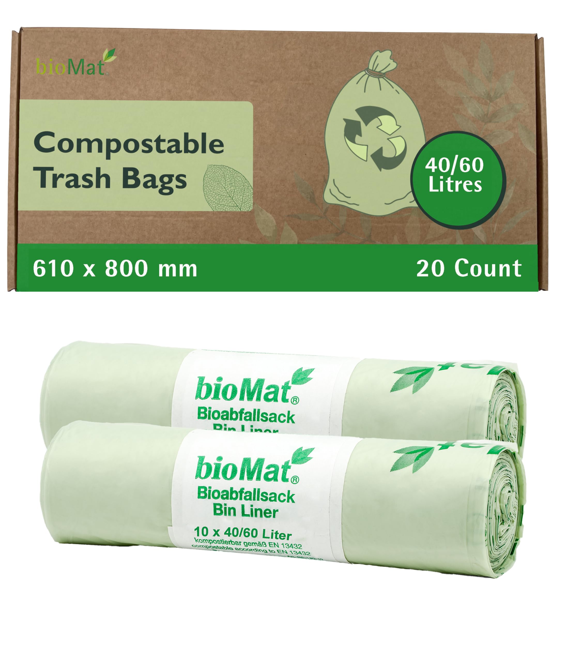 bioMat Compostable 40 Litre Kitchen Caddy Liners, 20 Refuse Sacks, EN 13432 Certified Compostable Food Waste Bags, for Organic Waste, Household Waste