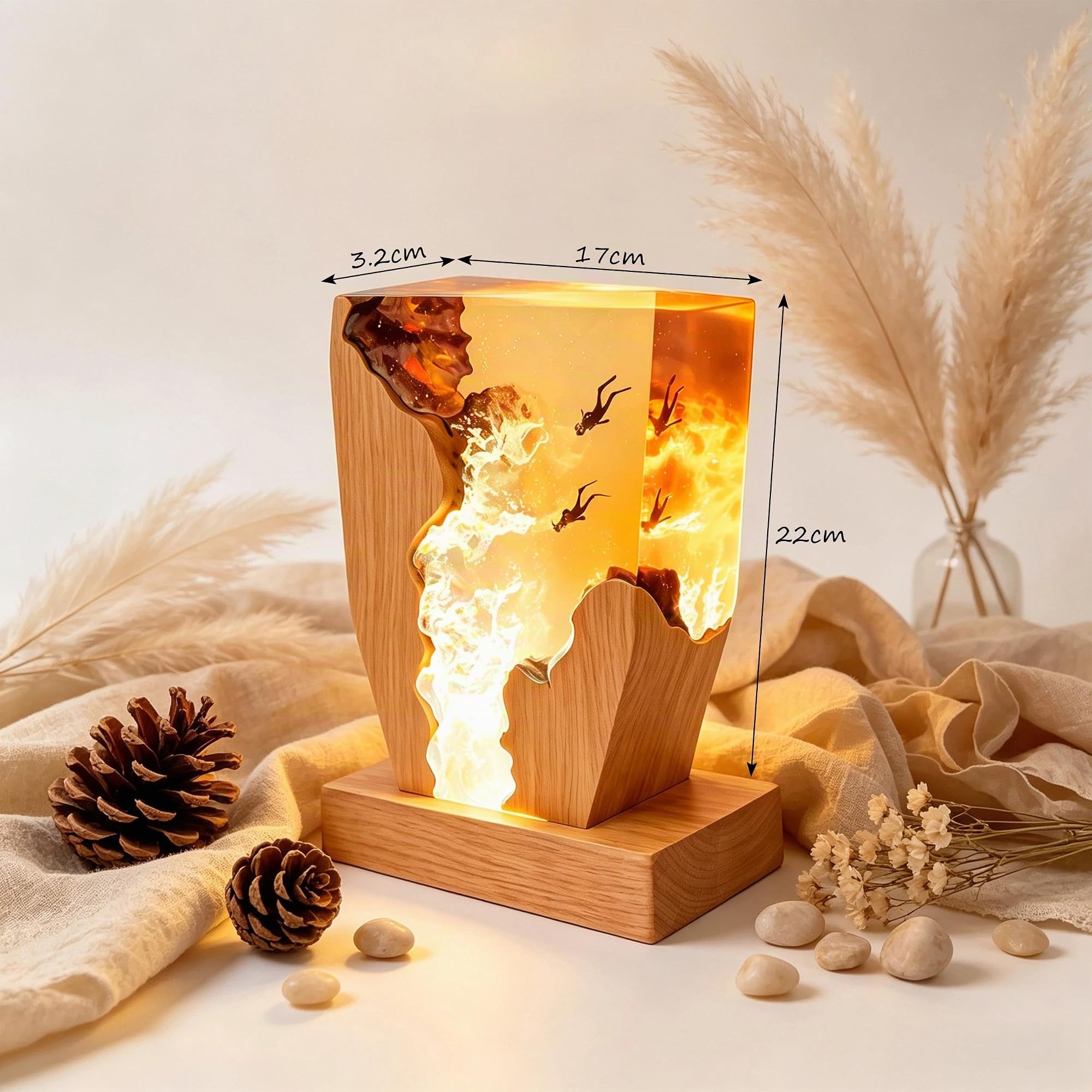 Lampe résine, thème marin, avec socle bois, LED, 22x17cm, pour décoration | Sous-marin; pour salon et chambre; cadeau.