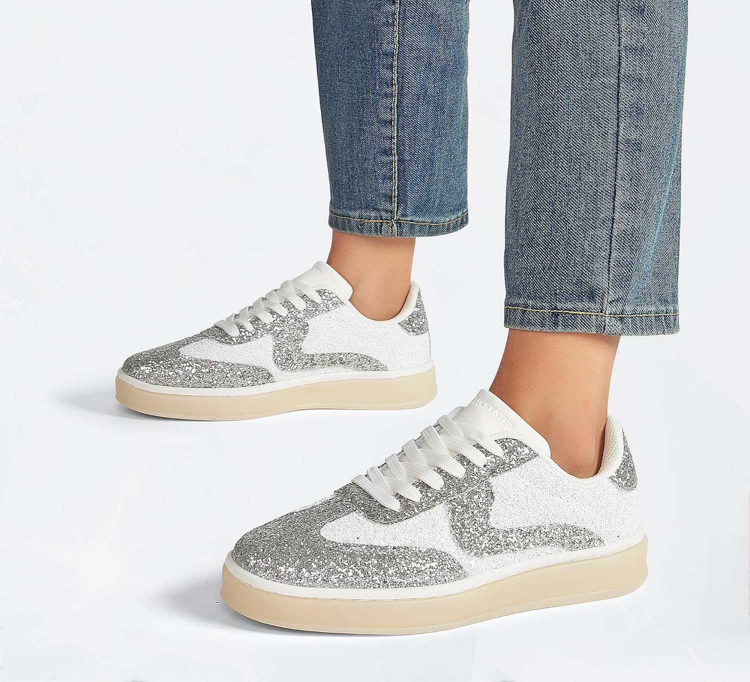 LUCKY STEP Women's Glitter Sneakers Fashion Retro Casual Sparkly Bling Shiny Dressy Bedazzled Bridal Wedding Anti Slip Walking Shoes - Image 9