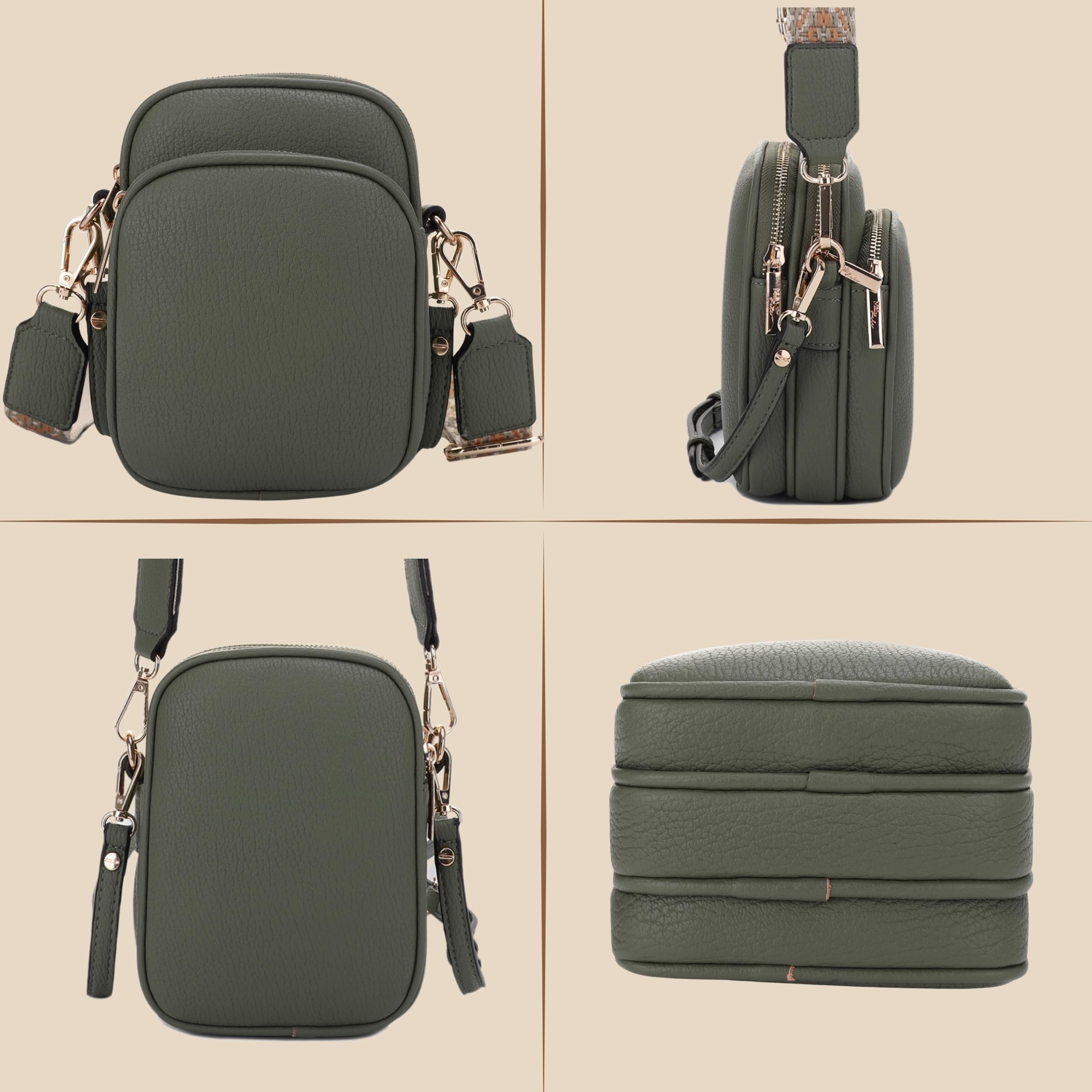 Mali+Lili Small Crossbody Bag for Women, Triple Compartment Shoulder Bag with Double Strap: Olive Green/Tri