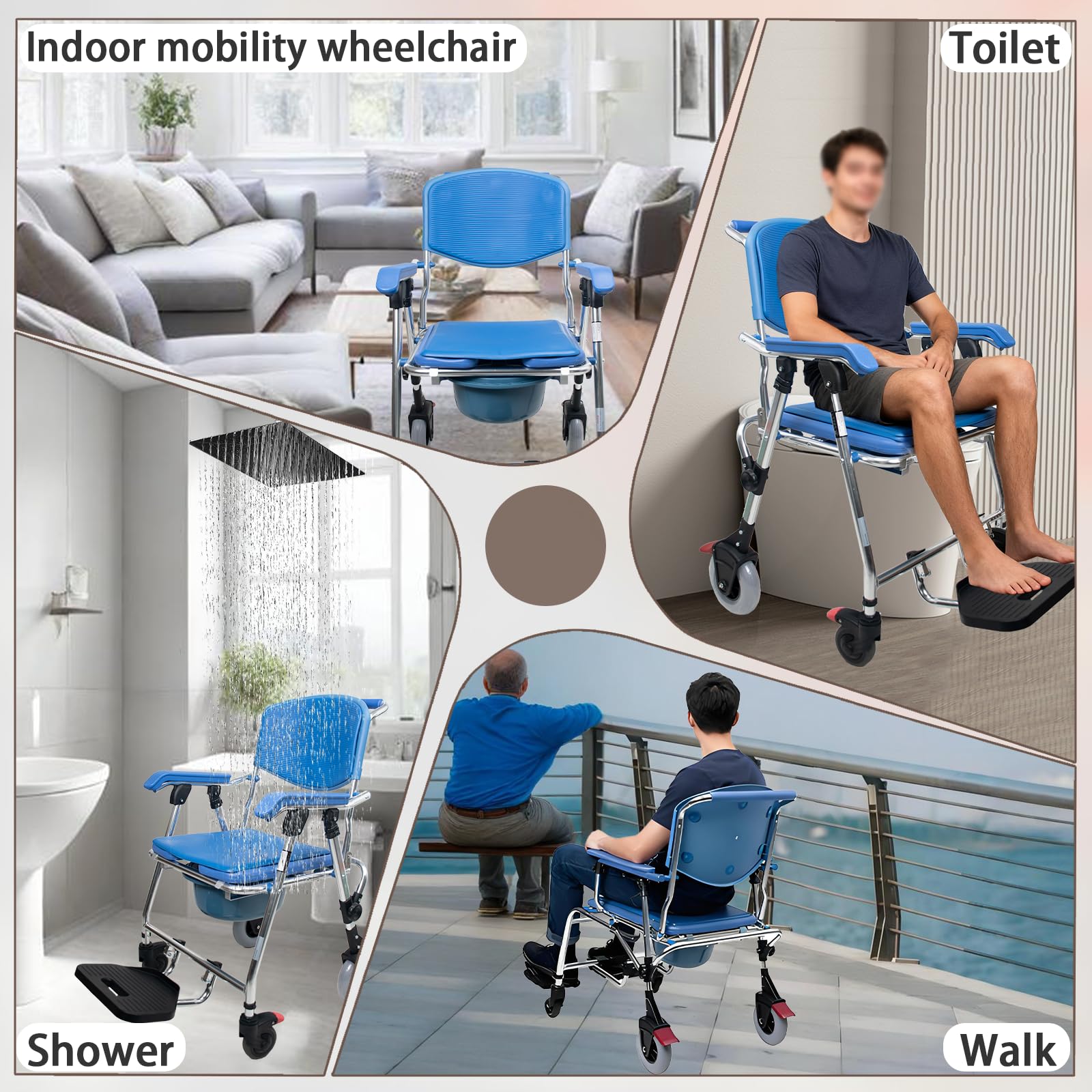 Sedia Comoda WC per Anziani con Rotelle, 3-in-1 Sedia a Rotelle con WC per Anziani Pieghevole, Blu Sedia Doccia Disabili con Ruote, Lega di Alluminio Impermeabile