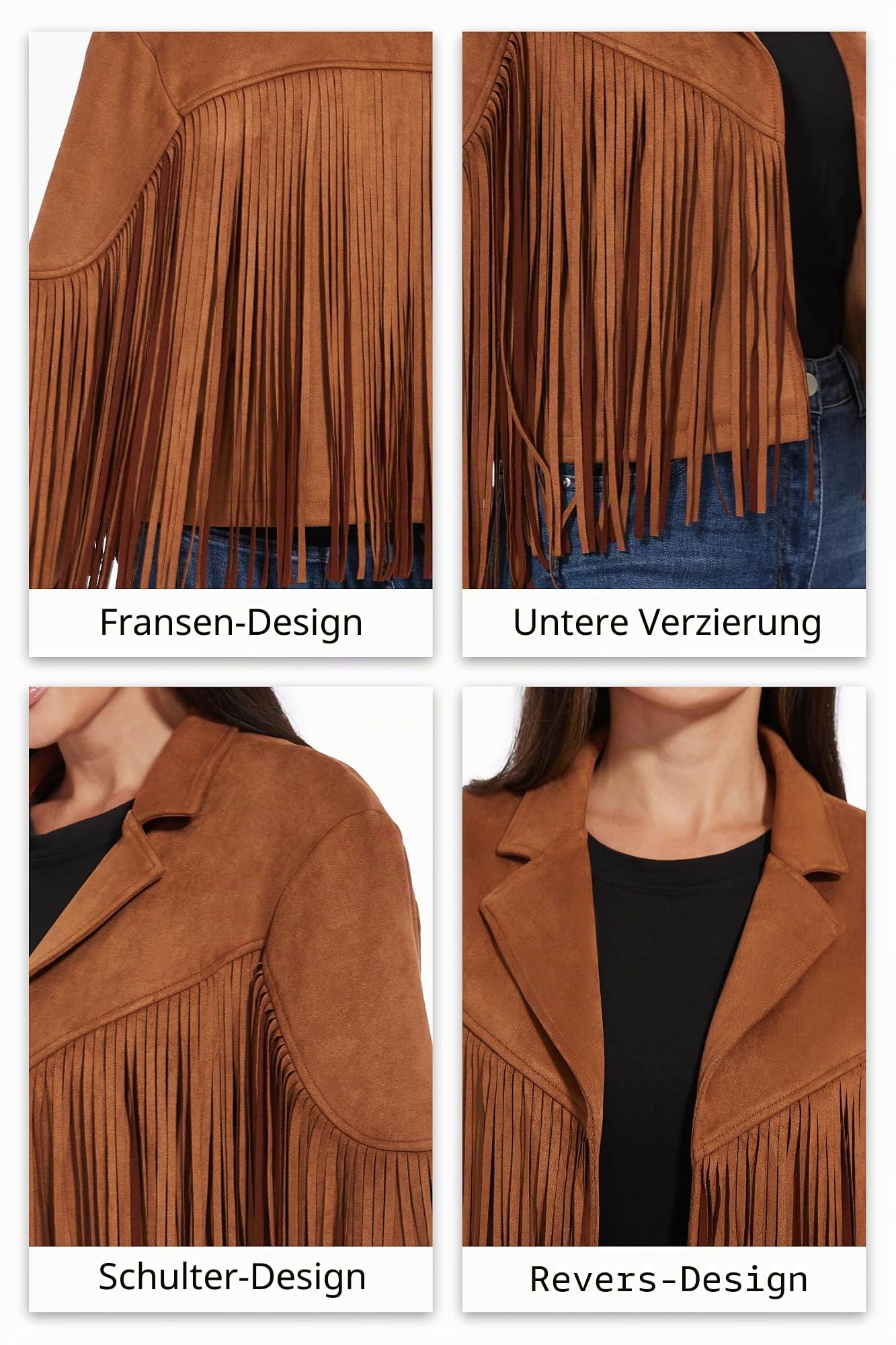 Fahsyee Damen Kunstleder Wildlederimitat Jacke Cowgirl Mantel | Cropped Western Outfit mit fransen Vegan für Country-Konzert