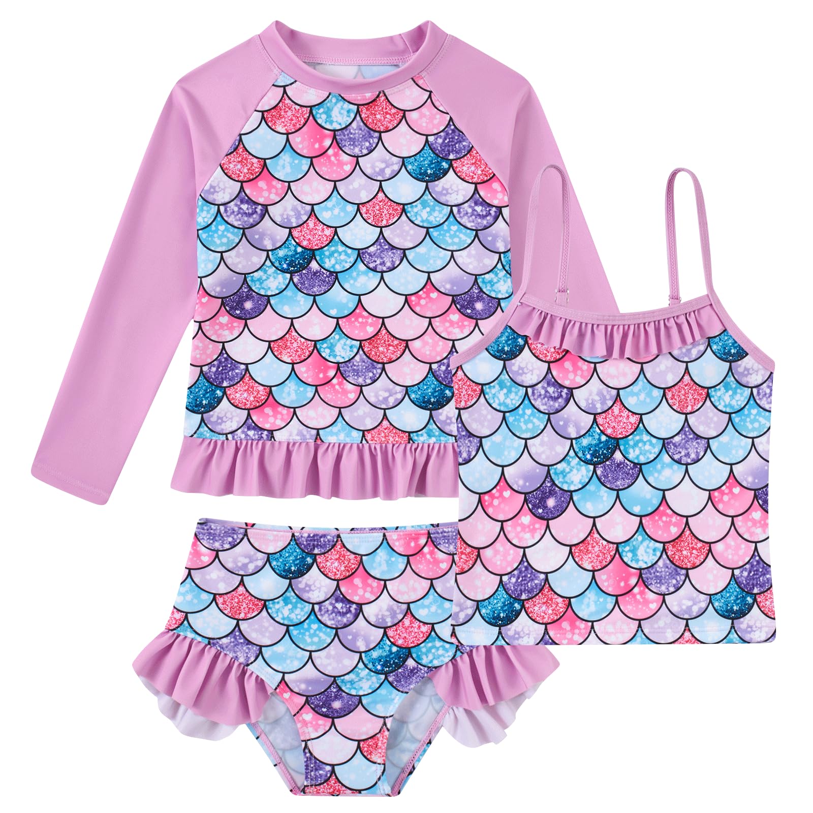 BFUSTYLE Girls Swimsuit 3 Pieces Rash Guard Kids Bathing Suit 3-8 Years | Funny Sun Protection Quick Dry Summer Beach Long Sleeves Swimwear Tankini Set