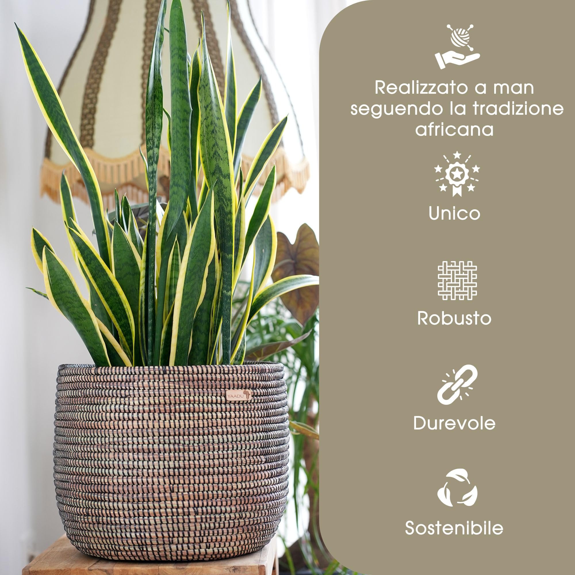 YAADU Cesto Portaoggetti Intrecciato - Per Piante, Ripiani, Africano, Decorativo, Giocattoli e Oggetti Diversi - Modello Kikongo (Nero)