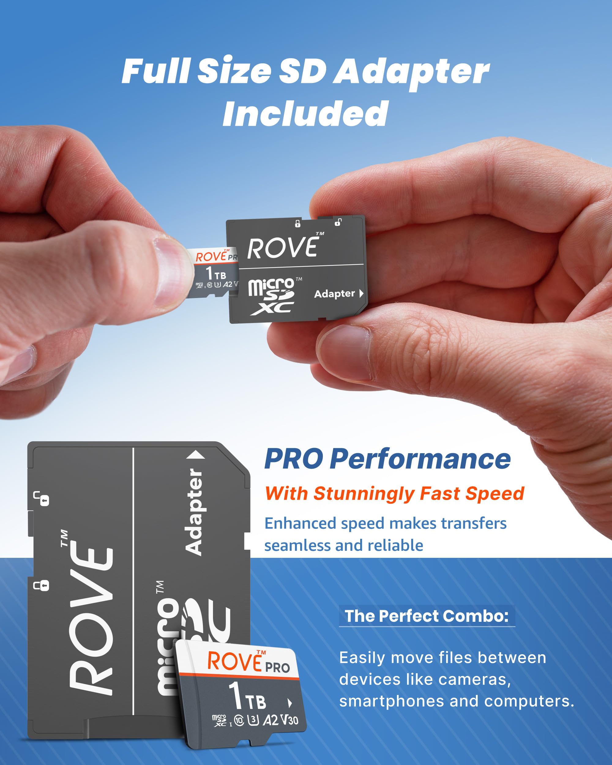 ROVE Scheda di memoria micro SD PRO microSDXC da 1 TB con adattatore SD full-size, velocità di lettura 100 MB/s, C10, U3, V30, 4K, A2 per Dash Cam, smartphone Android, tablet, giochi
