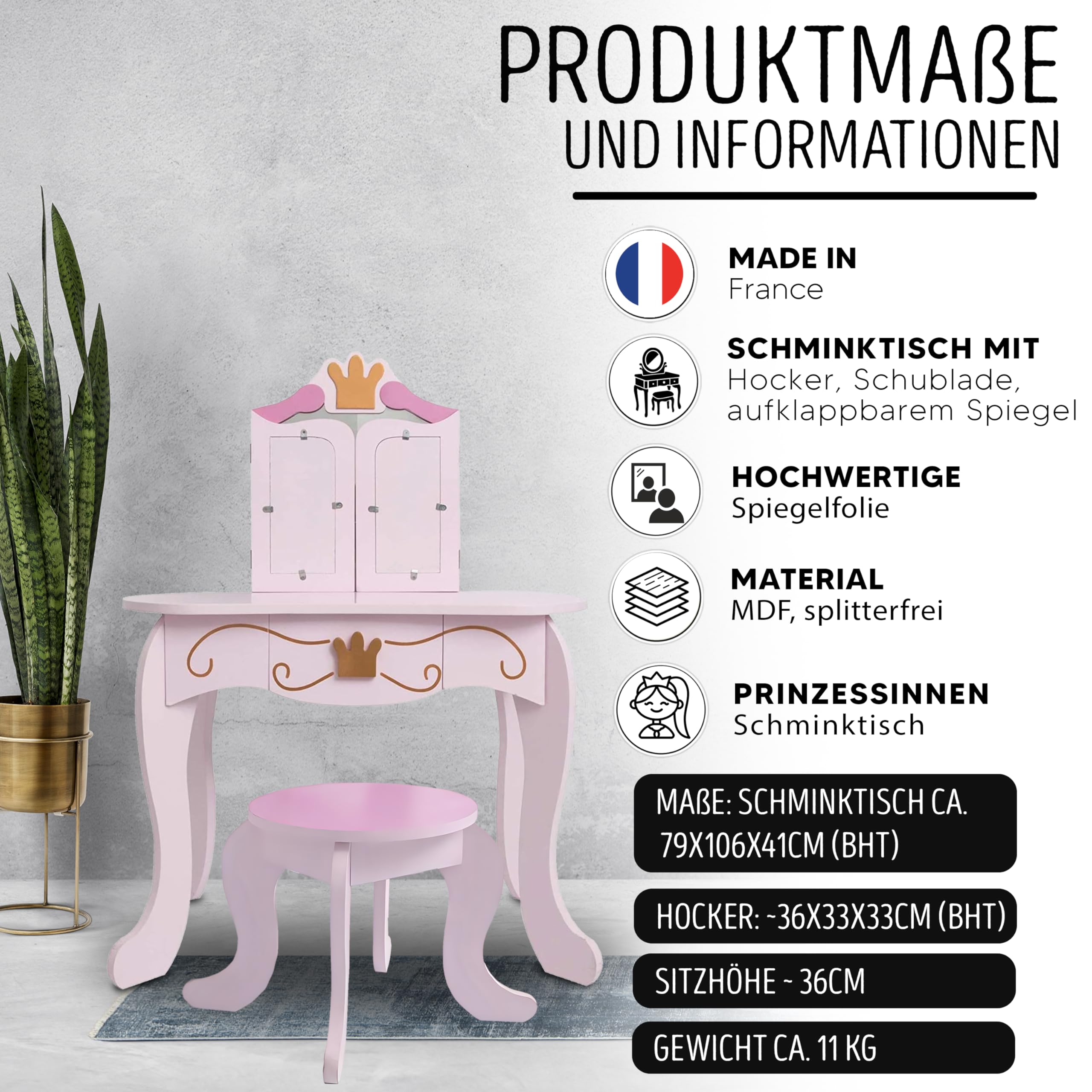 habeig Kinderschminktisch Schminktisch Kosmetiktisch Kindertisch Prinzessin Mädchen für Kinder Frisiertisch rosa #333