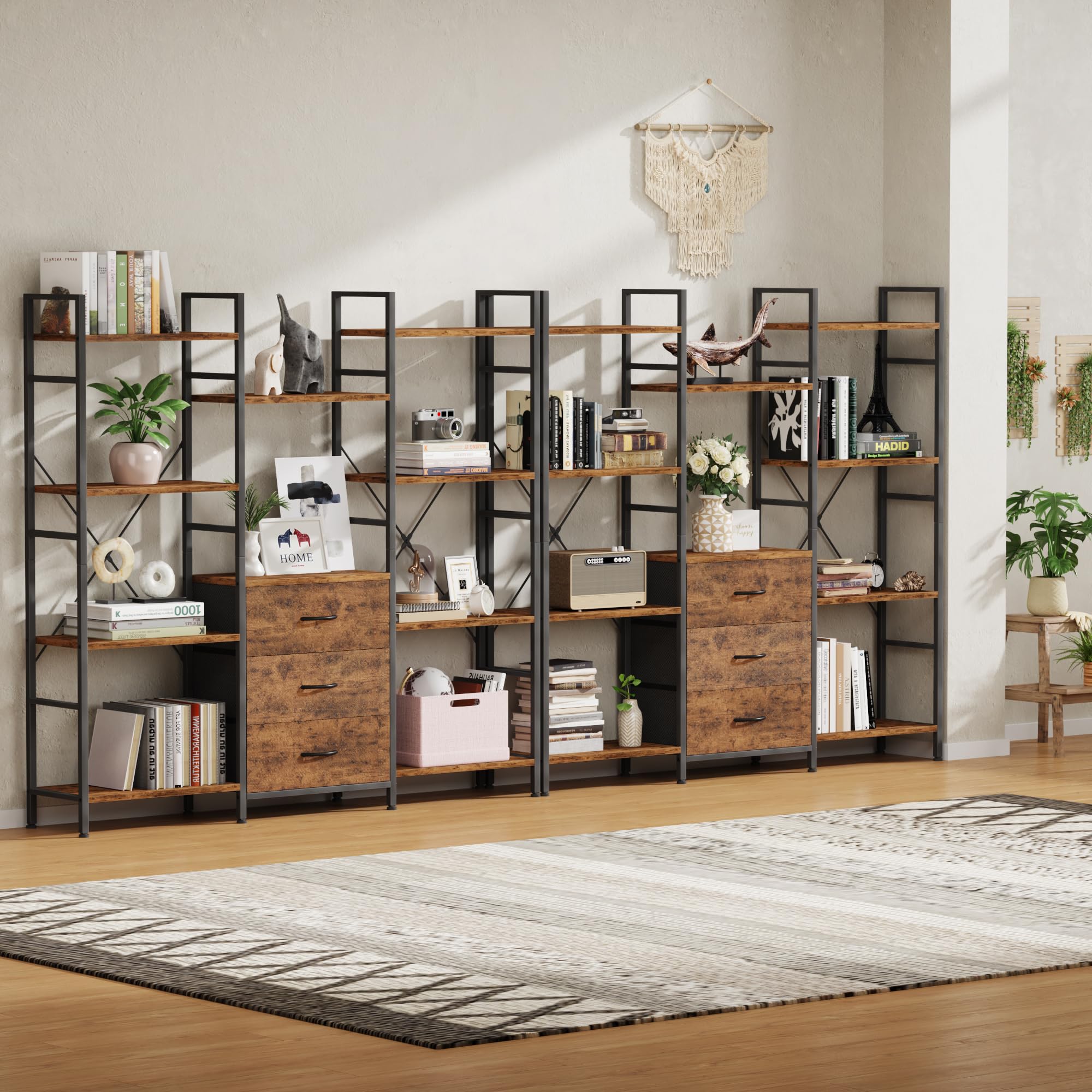 Libreria Estanteria de Alto 120W x142Hcm con 3 Cajones de Tela, Estanteria Libros de 4 Niveles, Estantería Grande de 120 cm de Ancho para Sala de Estar Dormitorio Estudiar Marrón Rústico
