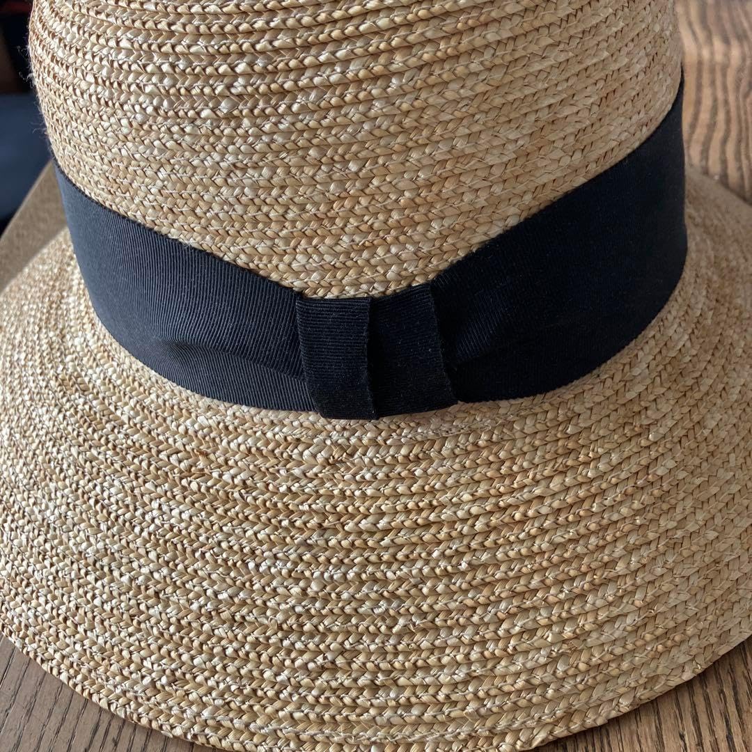 田中帽子店　ベージュ ストロー広つばハット 黒リボン付き　調整可能59cm 田中帽子店 ベージュ ストロー広つばハット 黒リボン付き 調整可能59cm