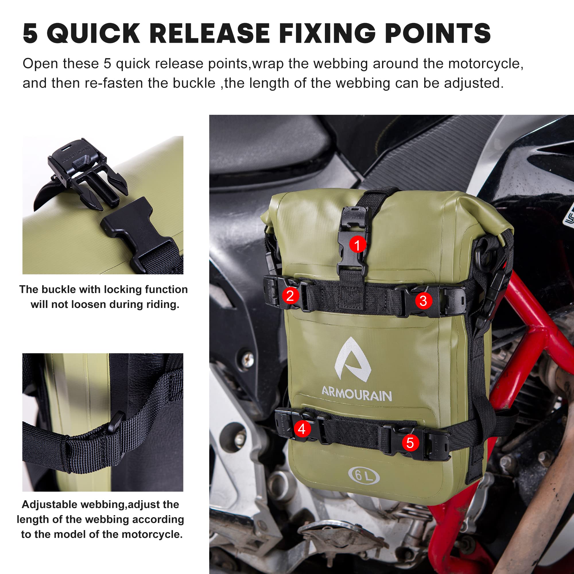 Borsa Paraurti Moto Impermeabile 6L 8L 15LBorse Moto Paramotore con Tracolla Moto Crash Bar Borse Laterali Impermeabili Strumenti Equitazione Accessori(6L PVC Verde Militare)