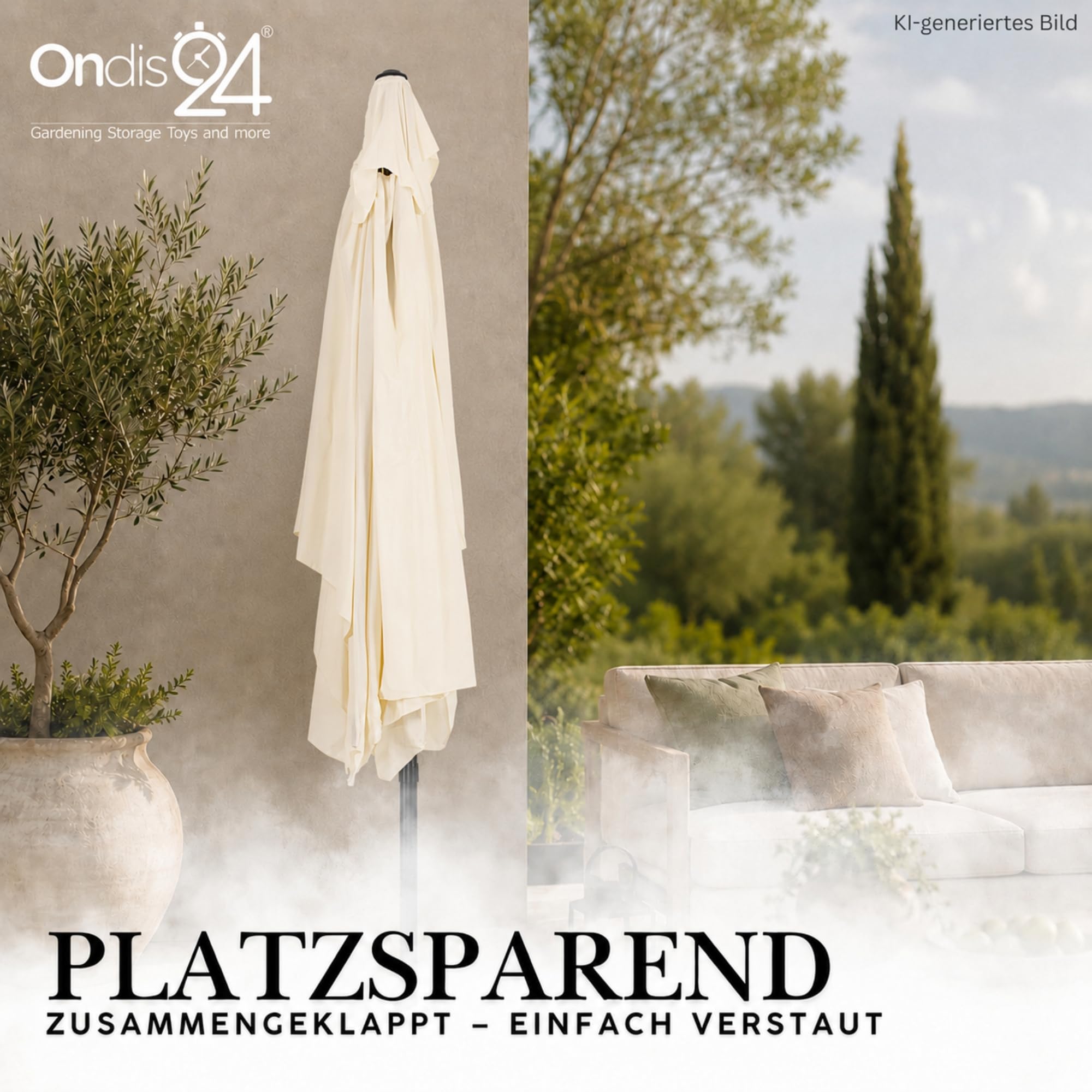 Ondis24 Marktschirm 3x2 Meter Sonnenschirm rechteckig mit Volant, Knick-Gelenk, Kurbel, Gestell aus Stahl, UV 50 (Beige)