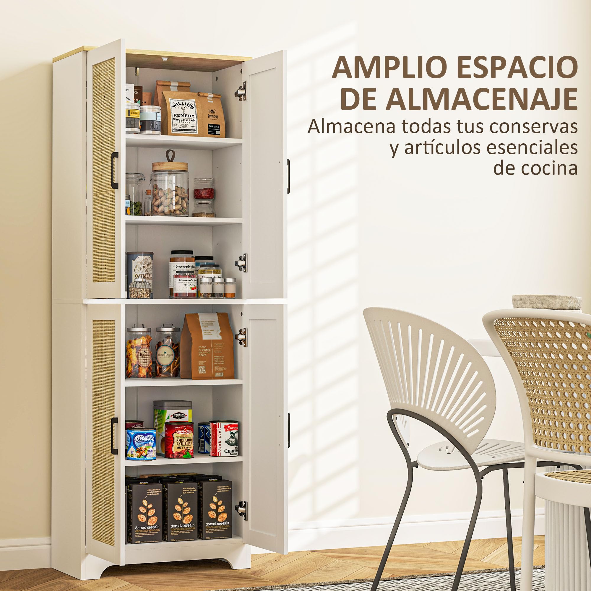HOMCOM Alacena de Cocina con Estantes Ajustables 60x30x170 cm Blanco | Aparador de Cocina, Puertas de Ratán, Sistema Antivuelco