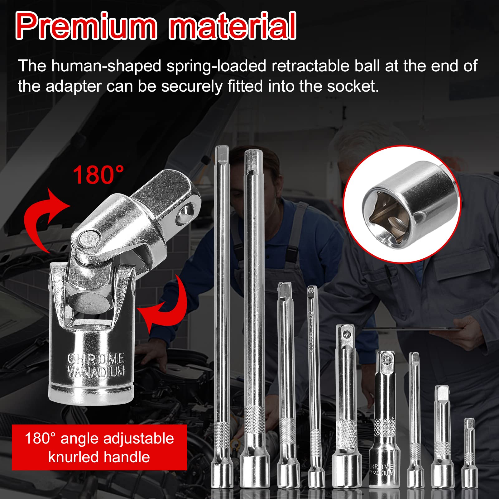 Lot de 16 adaptateurs de douilles pour outils d'entraînement comprenant 9 tiges d'extension, 3 joints universels, 4 douilles à impact, kit d'accessoires professionnels