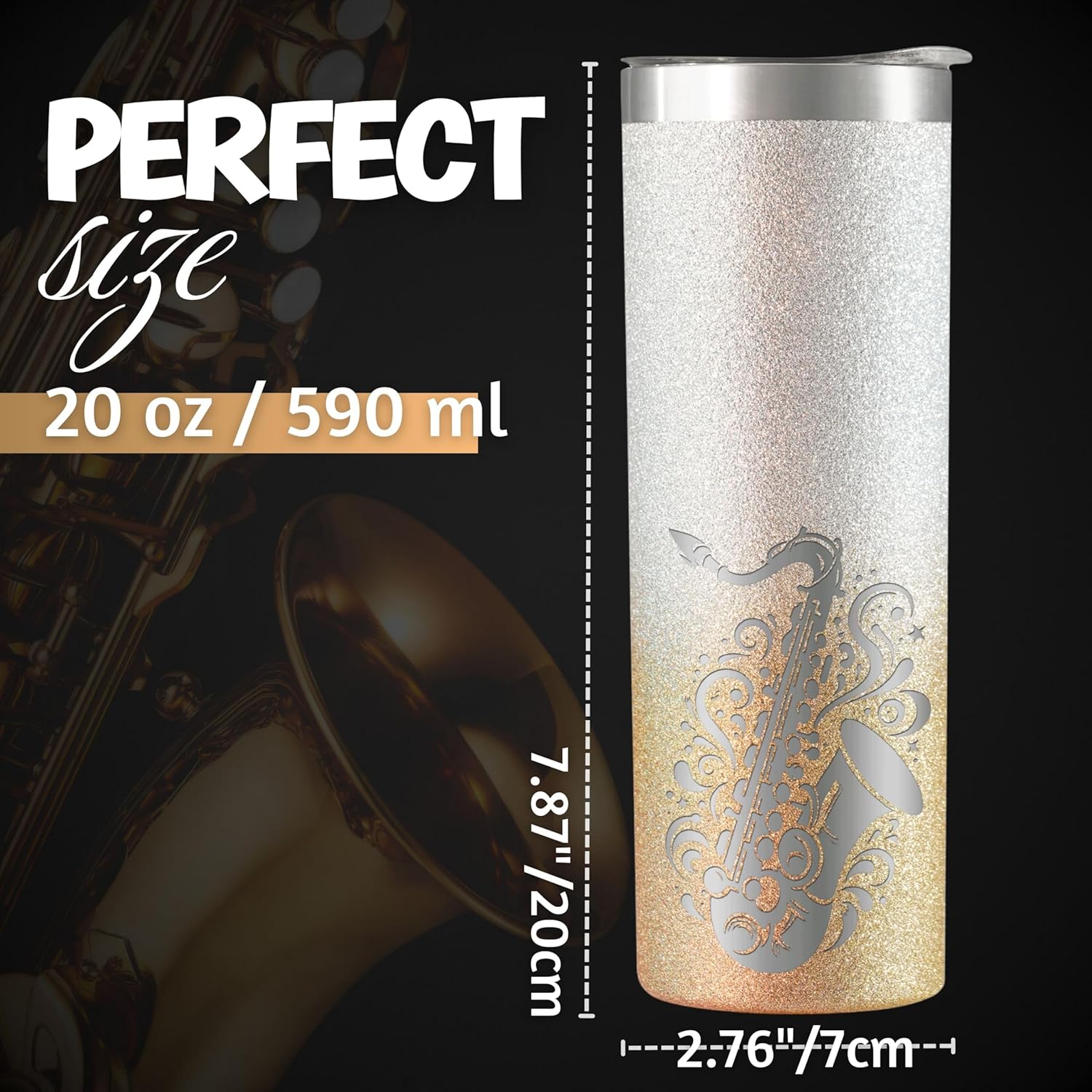 Onebttl Saxophone Gifts with Glitter Coat, 20 oz Skinny Tumbler with Lid and Straw, Jazz Gifts - Image 5