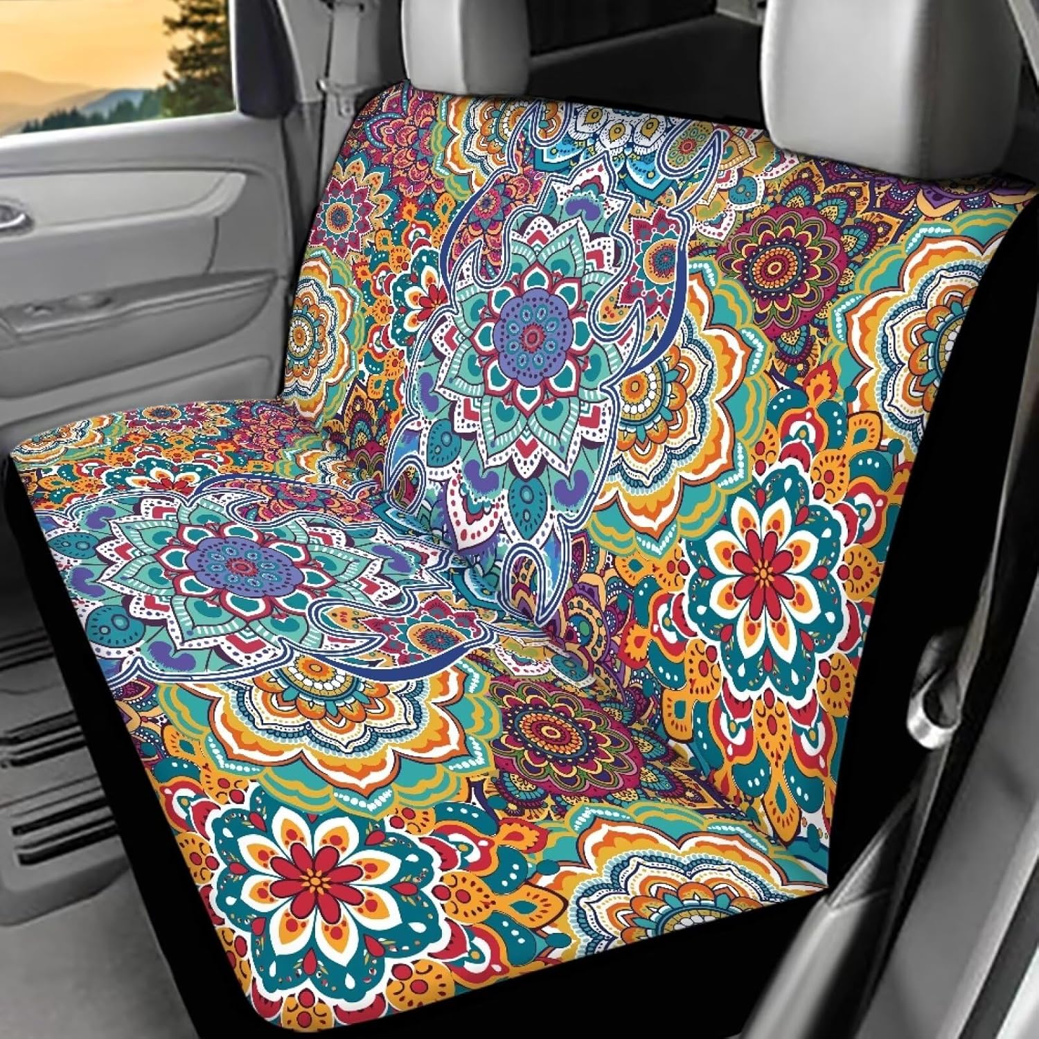 Mandala Flower Car Back Seat Cover Universal Rear Seat Cover Anti-Slip Back Fabric Protection Interior Accessories Easy to Install Suitable for Cars, SUV