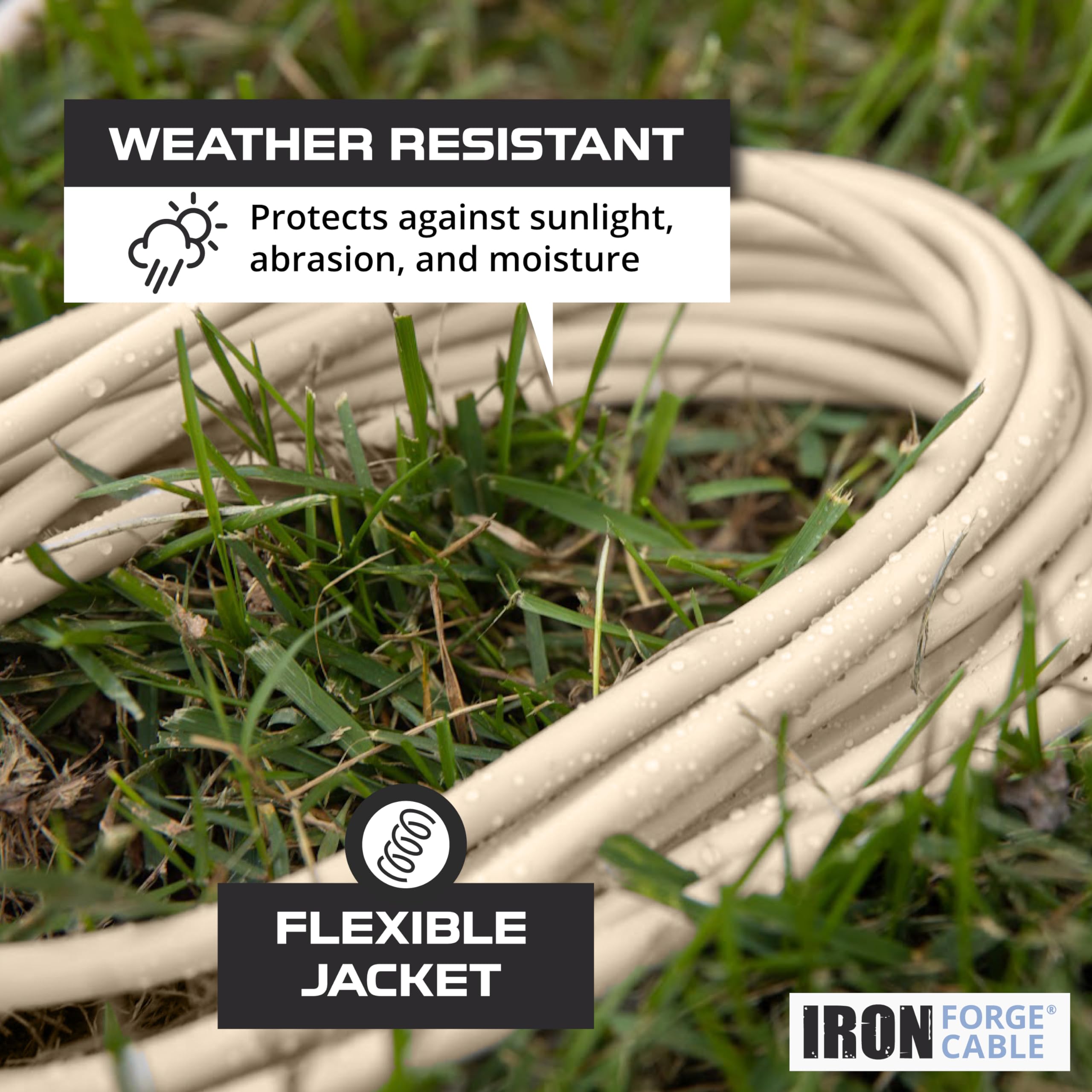 Iron Forge Cable de extensión beige de 10 pies para exteriores, cable resistente de 16/3 con enchufe de tierra de 3 puntas para seguridad, 13 amperios para jardín, césped, herramientas y