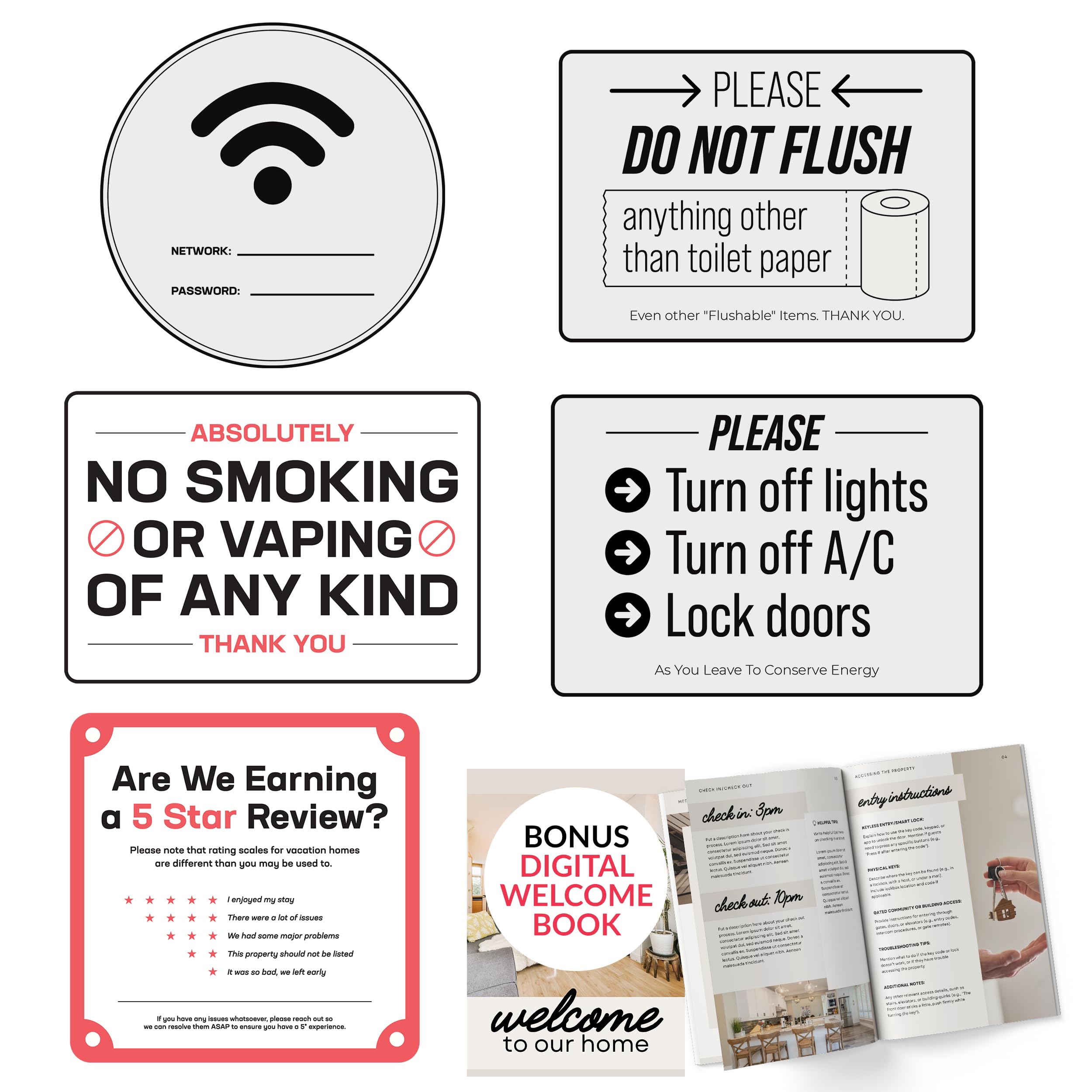 5 Essential AirBnB Signs For Hosts | Wifi Password Sign For Home Guests, No Smoking, Do Not Flush For Bathroom Toilet, Turn Off Lights & AC, Air Bnb