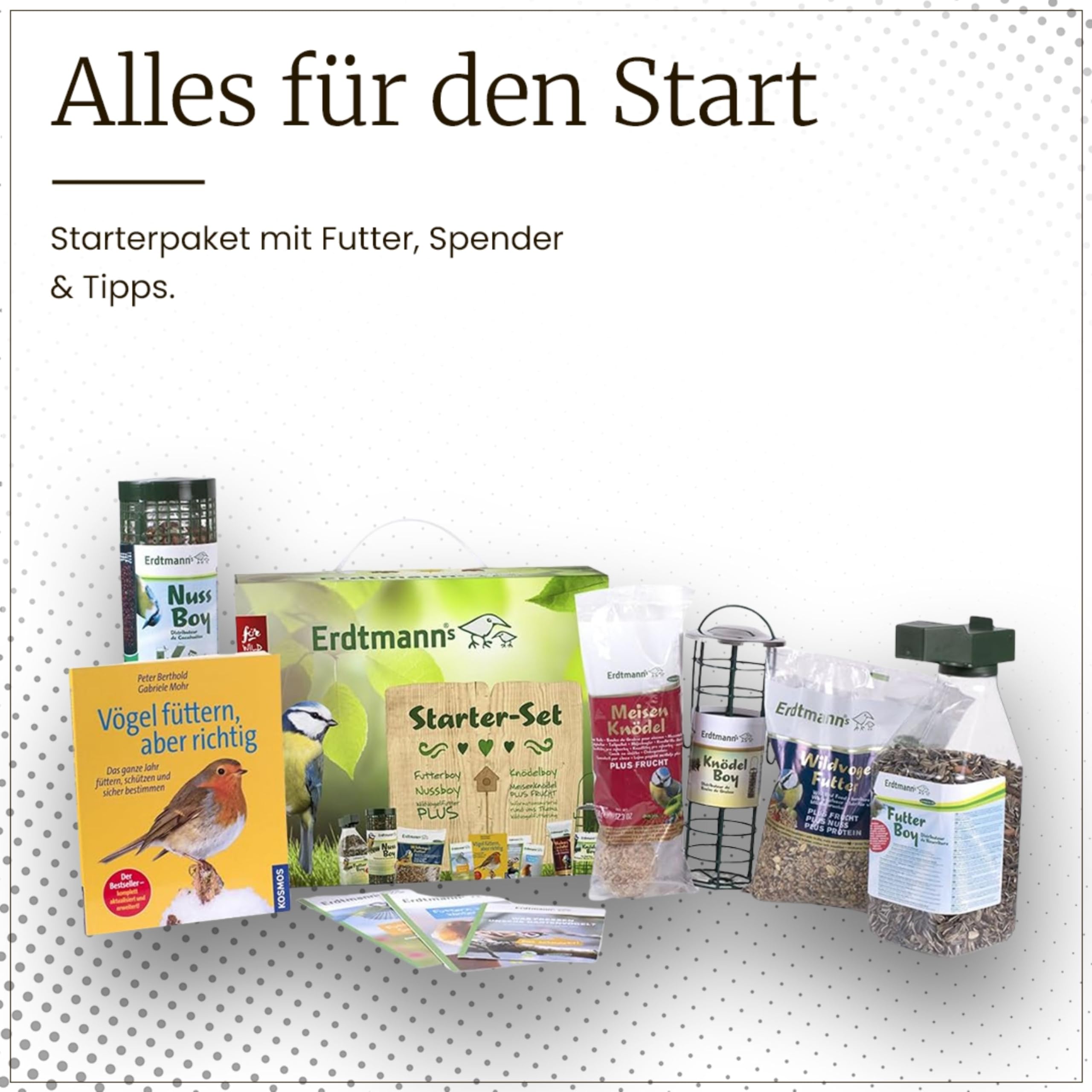 Erdtmanns Wildvogelfutter Starterpaket (1 x 2.15 kg) – mit Futterspender & Buch von Peter Berthold – inkl. Poster & Füttertipps für Sommer & Winter – Vogelfutter – Geschenkset für Naturfreunde