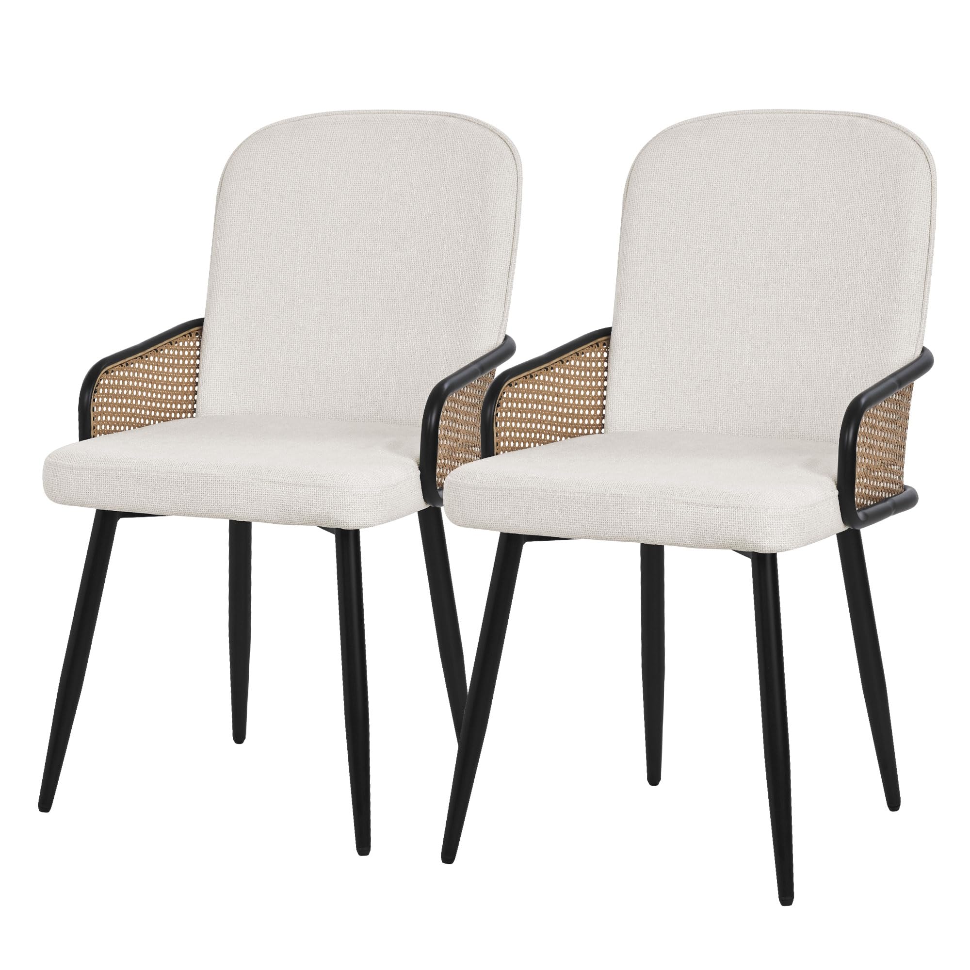 ML-Design Juego de 2X Sillas de Comedor con Funda de Tela Beige, Asiento de Salón con Respaldo, Reposabrazos con Aspecto de Ratán Mueble Tapizado con Patas de Metal, Sillón Ergonómico de Cocina