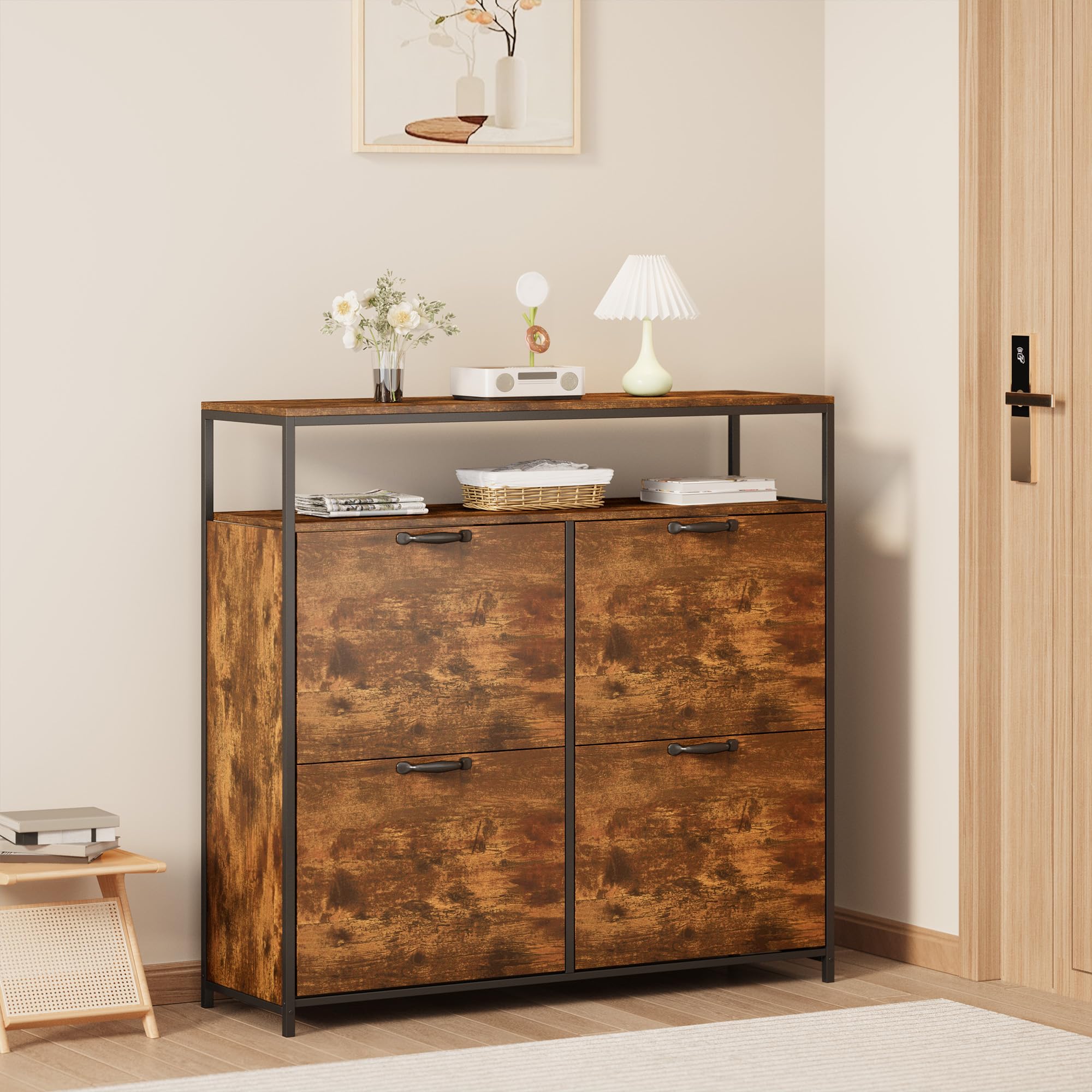 Zapatero con 4 Compartimentos y Estante Abierto, Mueble para 16-24 Pares, Diseño Industrial, Estrecho para Pasillo, Entrada y Salón,Retro | 4 cajones plegables y estantes ajustables, puede contener 12 a 18 pares, armario práctico para entrada y pasillo