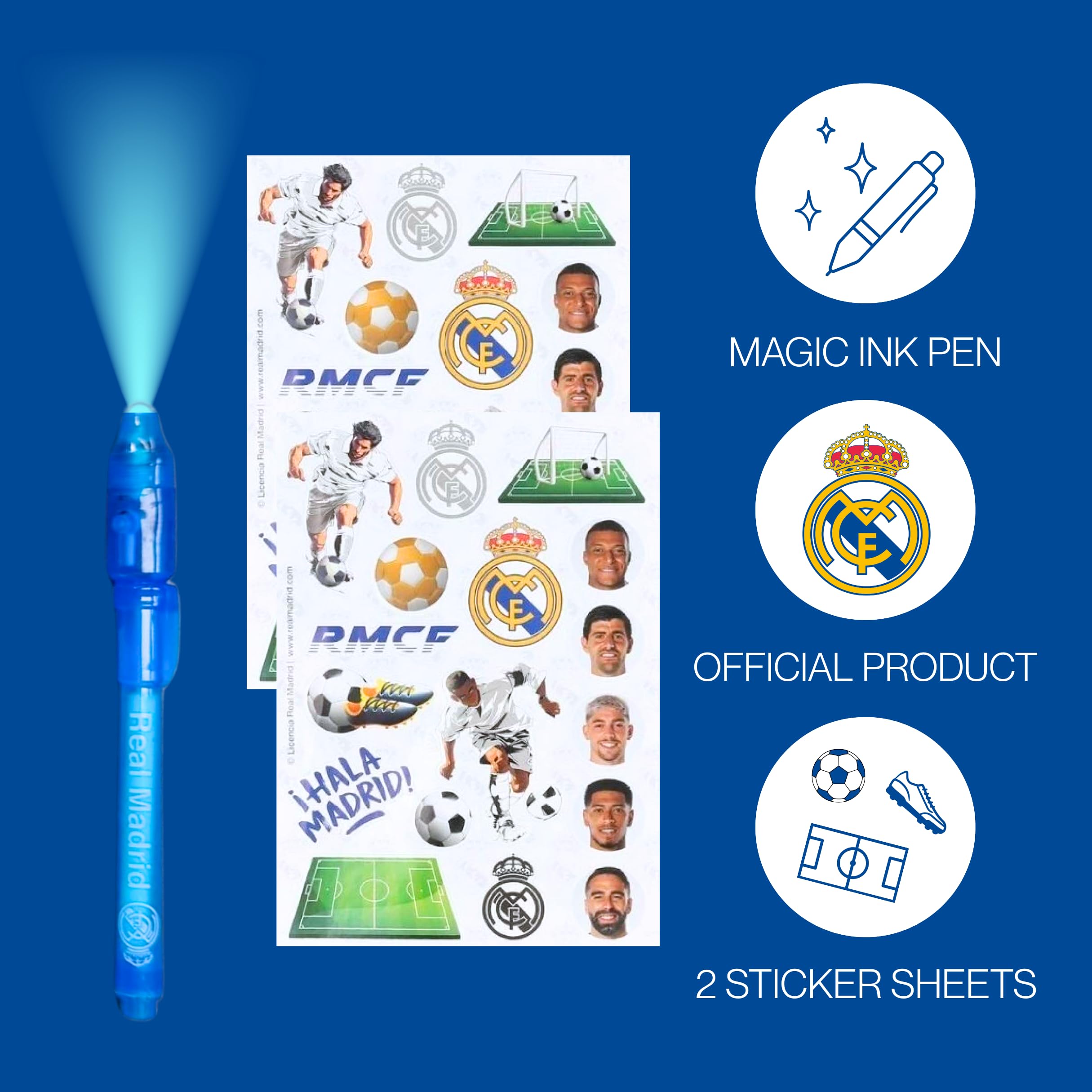 CF REAL MADRID Juego de Papelería para Niños, Incluye Cuaderno Boligrafo Pegatinas y Candado con Llaves, Regalo para Niños