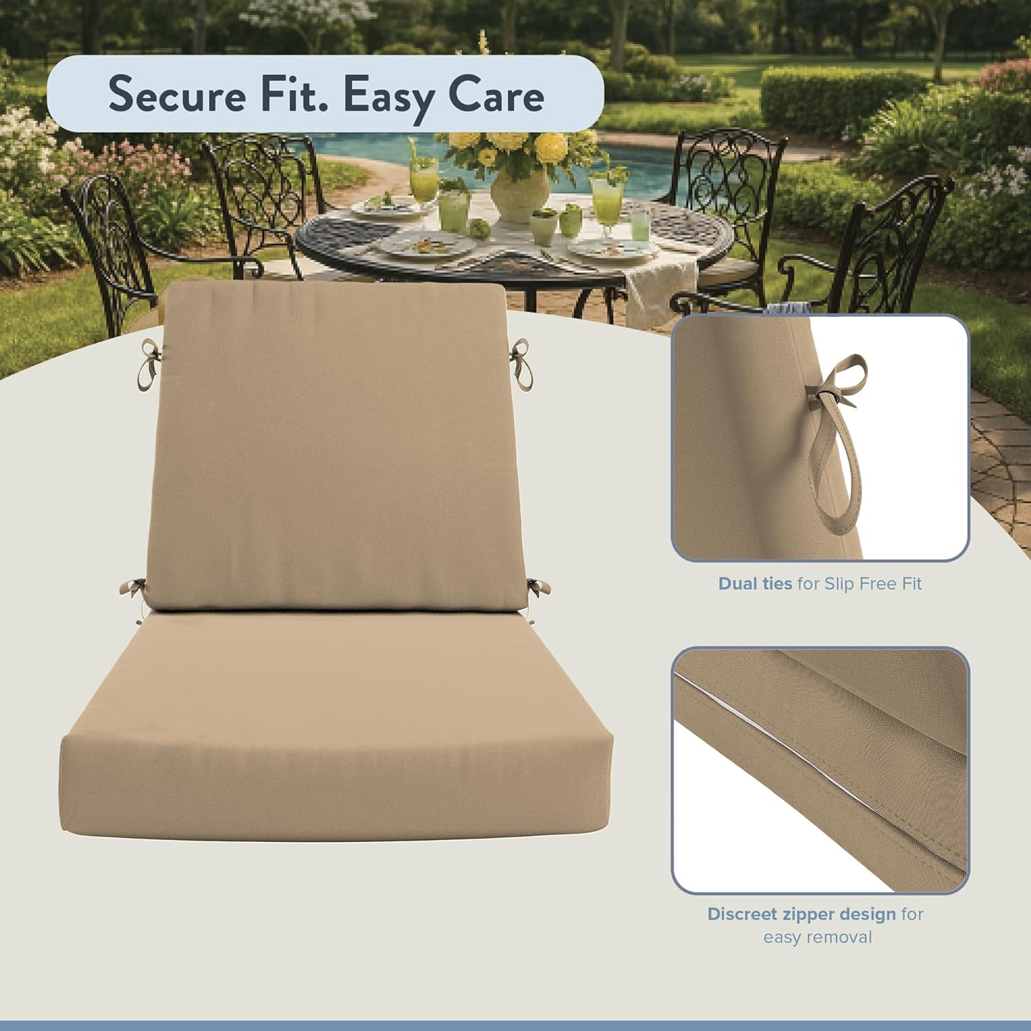 California Umbrella Outdoor Dining Chair, Patio Seat Cushion, 20 x 40 Inch, Premium Outdoor Memory Foam, Fade Resistant Solstice Olefin Fabric, Fabric Ties, Beige