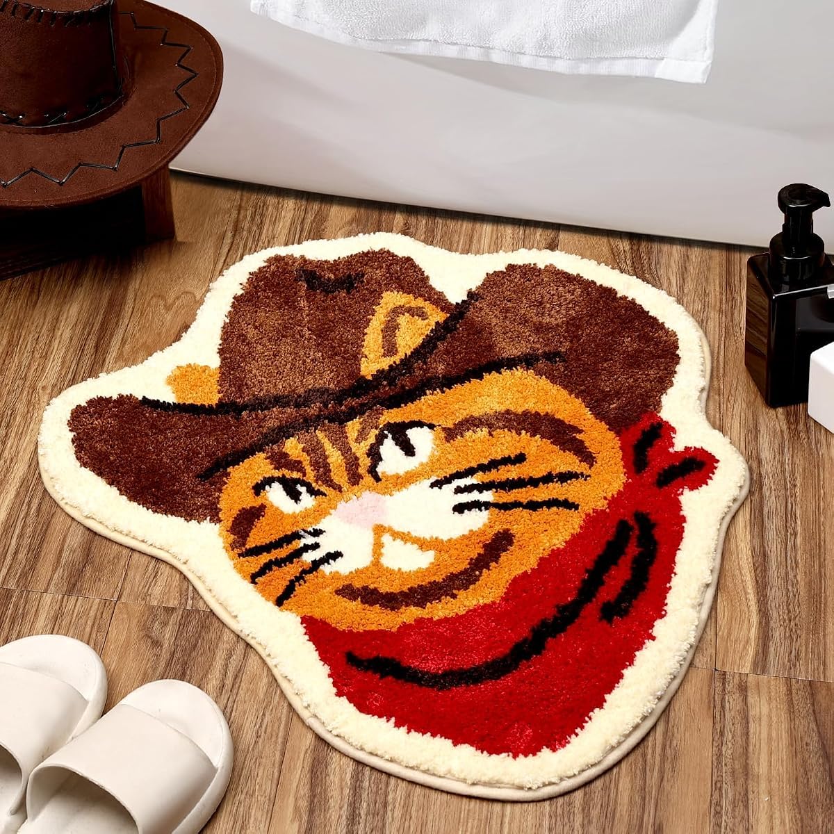 Percozzi Cat Bath Rug Funny Western Bath Mat | Non Slip, Washable, Soft Tufted Plush, For Bathroom Bedroom Indoor