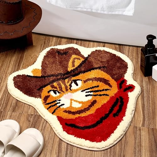 Percozzi Cat Bath Rug Funny Western Bathroom Mat Meowdy Cowboy Cat Rug | Non Slip Backing, Washable, Soft Tufted Rug Plush, For Bathroom Bedroom Indoor Absorbent Rug - Red