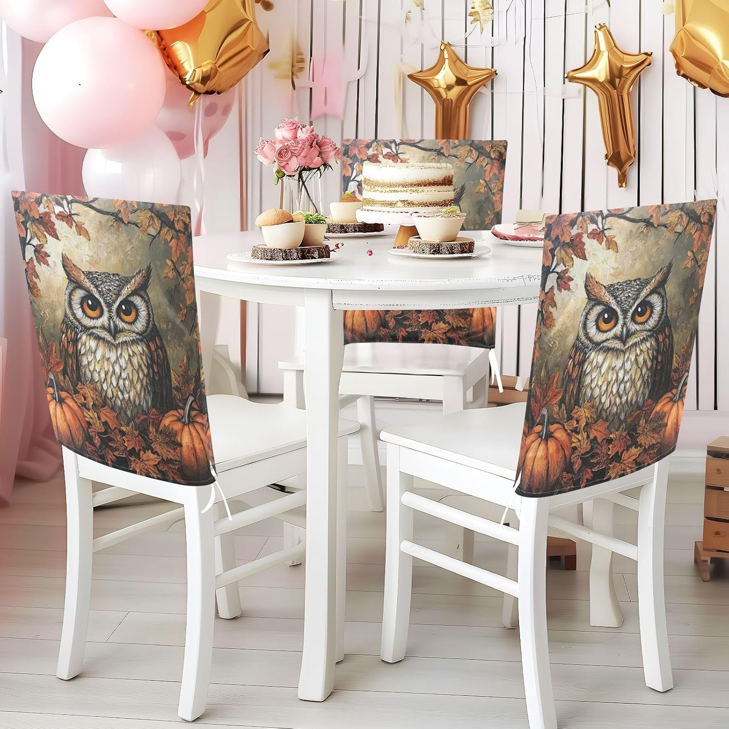 ALAZA Autumn Pumpkins Owl Chair Back Cover Set of 6, Washable Reusable Removable Chair Slipcovers Decorative Chair Cover for Home Kitchen Wedding Party
