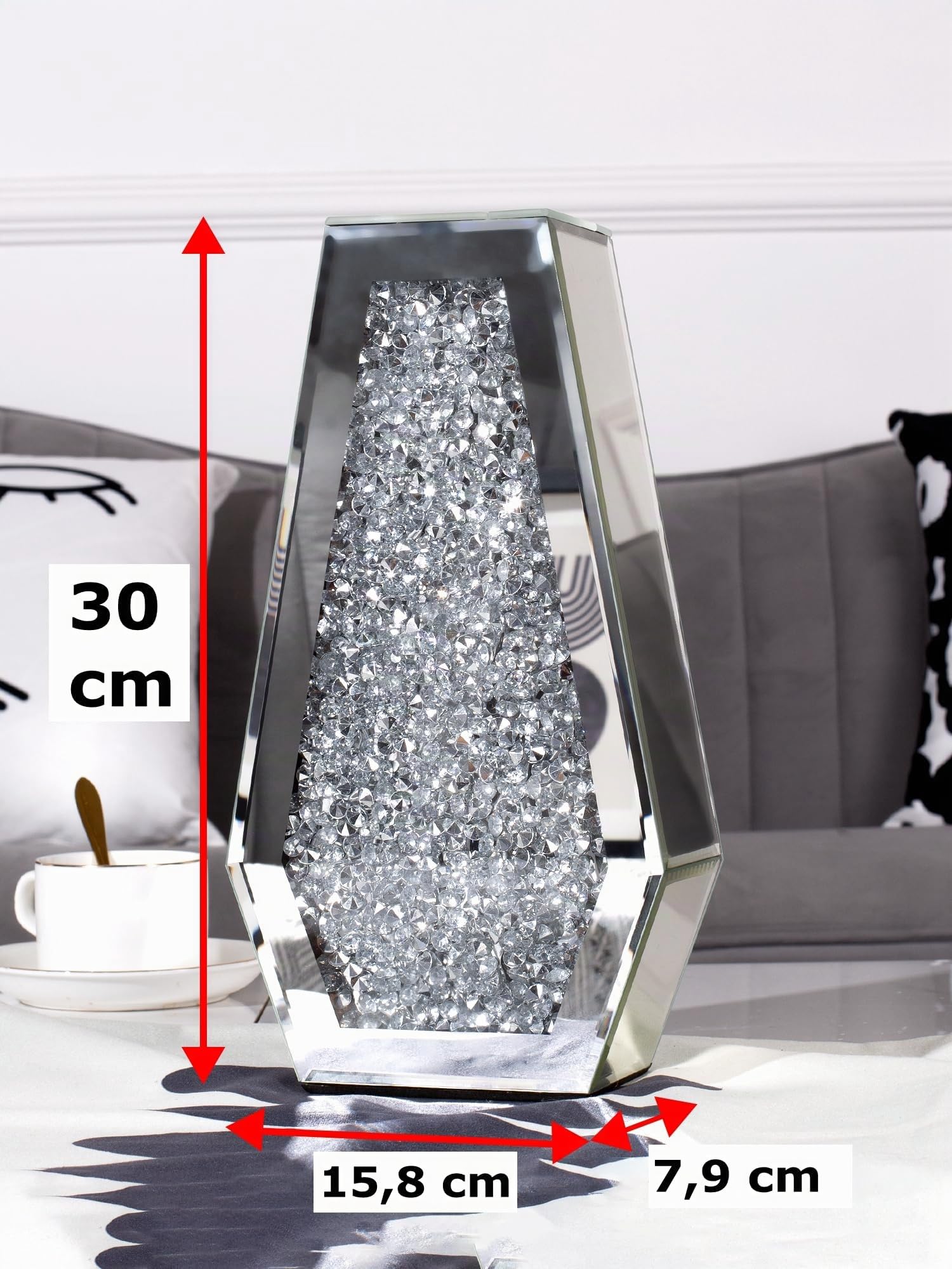 SHYFOY Spiegel Vasen Deko, Kristall Diamant Vasen für tischdeko, Deko Vasen aus Glas, Silber, 30 cm, Kann kein Wasser Halten