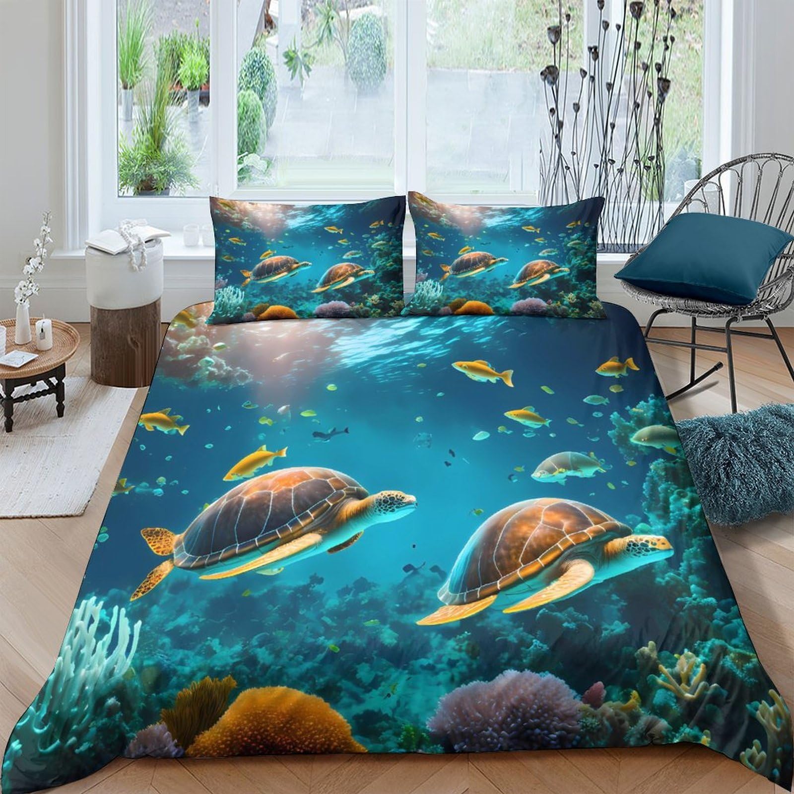 Ctjqhvkz Style-3 3D Printed Underwater Sea Turtle Fitted Sheet Microfiber Soft Blue Coral Reef Mattress Cover For Bedroom Decor Single（135X200cm）
