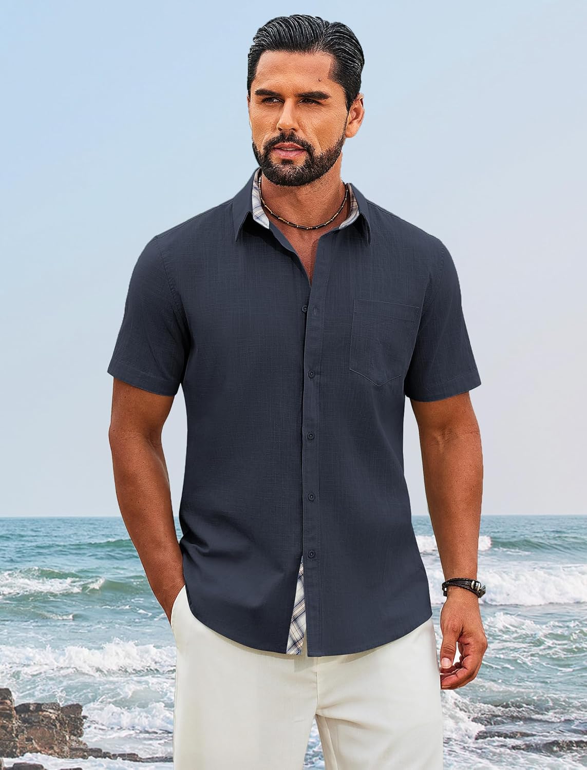 COOFANDY Men's Button Down Shirts Short Sleeve Casual Cotton Shirts Summer Beach Wedding Shirt with Pocket - Image 7