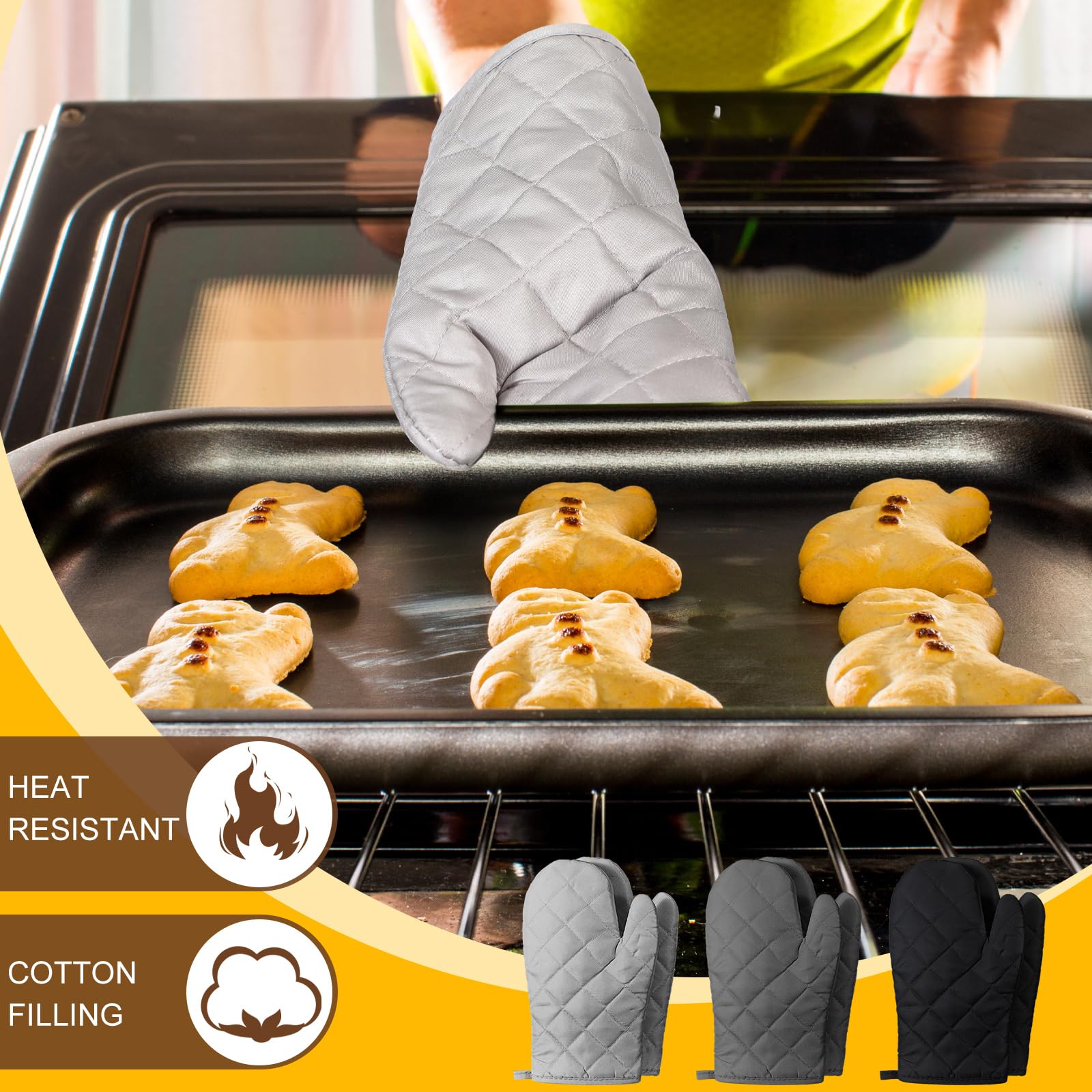Geyoga Lot de 12 paires de gants de cuisine résistants à la chaleur en coton épais matelassé flexibles pour la cuisine, le barbecue, le pique-nique, la cuisine, les grillades, 27,9 cm (noir gris)