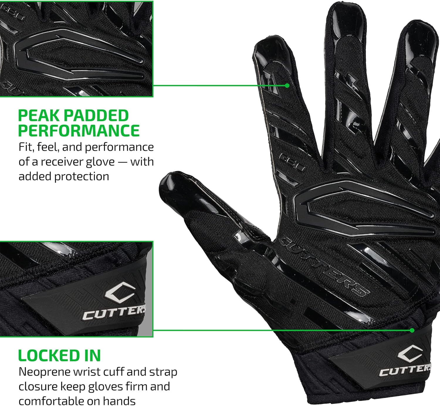 Cutters Gamer Padded Football Glove. All Purpose Players, Receivers, Lineman. Extra Grip.