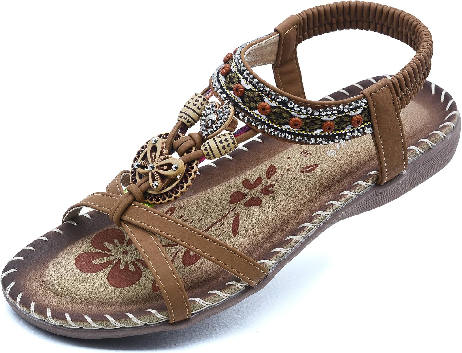 Sandals Women Comfort Dressy Womens Flat Sandals Non Slip On Bohemian Summer Beach Shoes With Elastic Ankle Strap Brown Green - Image 2