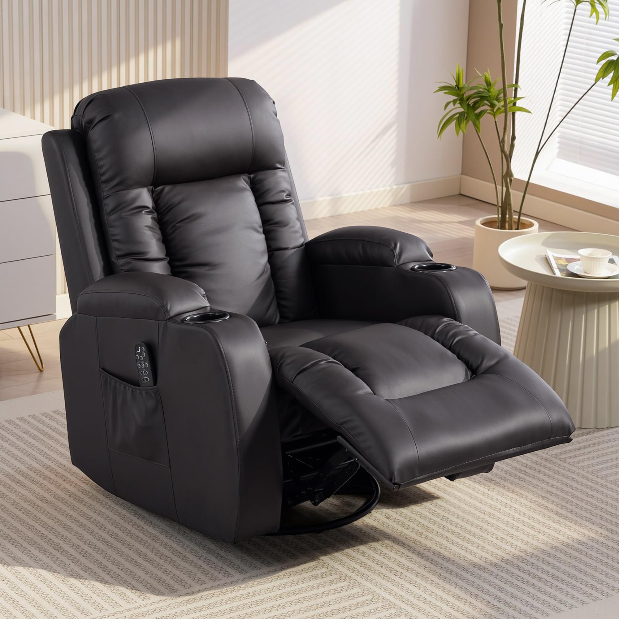 HOMCOM Sillón reclinable Ajustable con calefacción, Marrón Oscuro | Sillón de masaje, TV giratorio con mecedora, portavasos, bolsillo, temporizador, cuero sintético, para salón