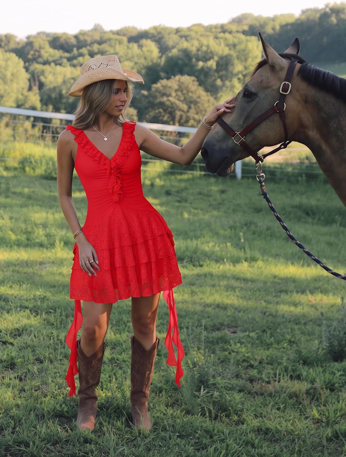 Women's Western Sleeveless Dress V Neck Cowgirl Lace Tiered Layered Music Festival Mini Dresses
