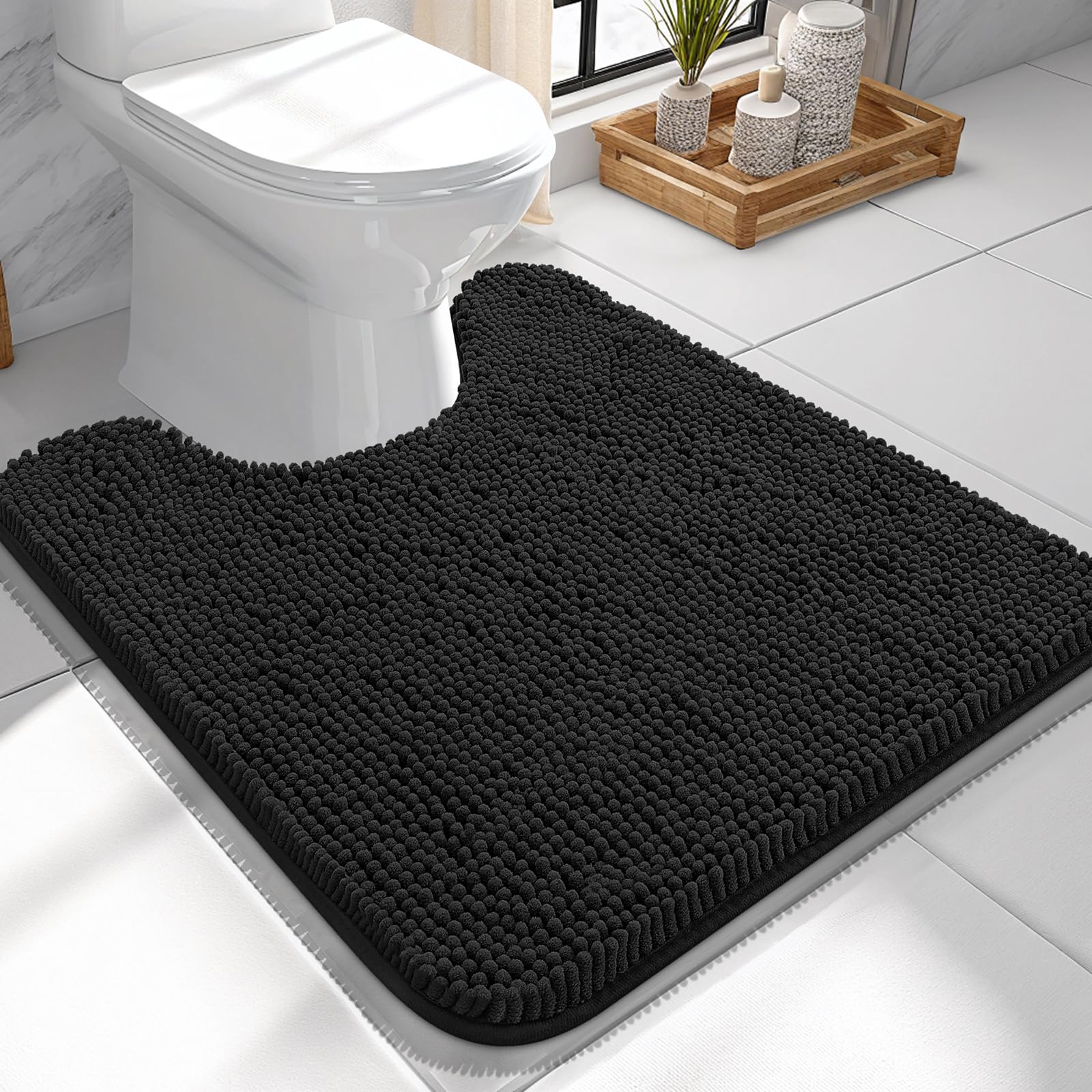 OLANLY Toilet Rugs U-Shaped 24x24, Soft Absorbent Chenille Contour Rugs | Black, Quick-Drying Rubber Backing, Machine Washable Non-Slip Shaggy Bathroom Mat for Toilet, Home Decor Accessories