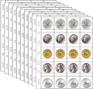 10 Sheets Coin Collection Pages, Coins Pocket Page with 200 Pockets, Coin Binder Inserts Sleeves with Standard 9 Hole for Coin Album. Storage Holder for Currency, Stamp and Other Supplies 20-Pocket