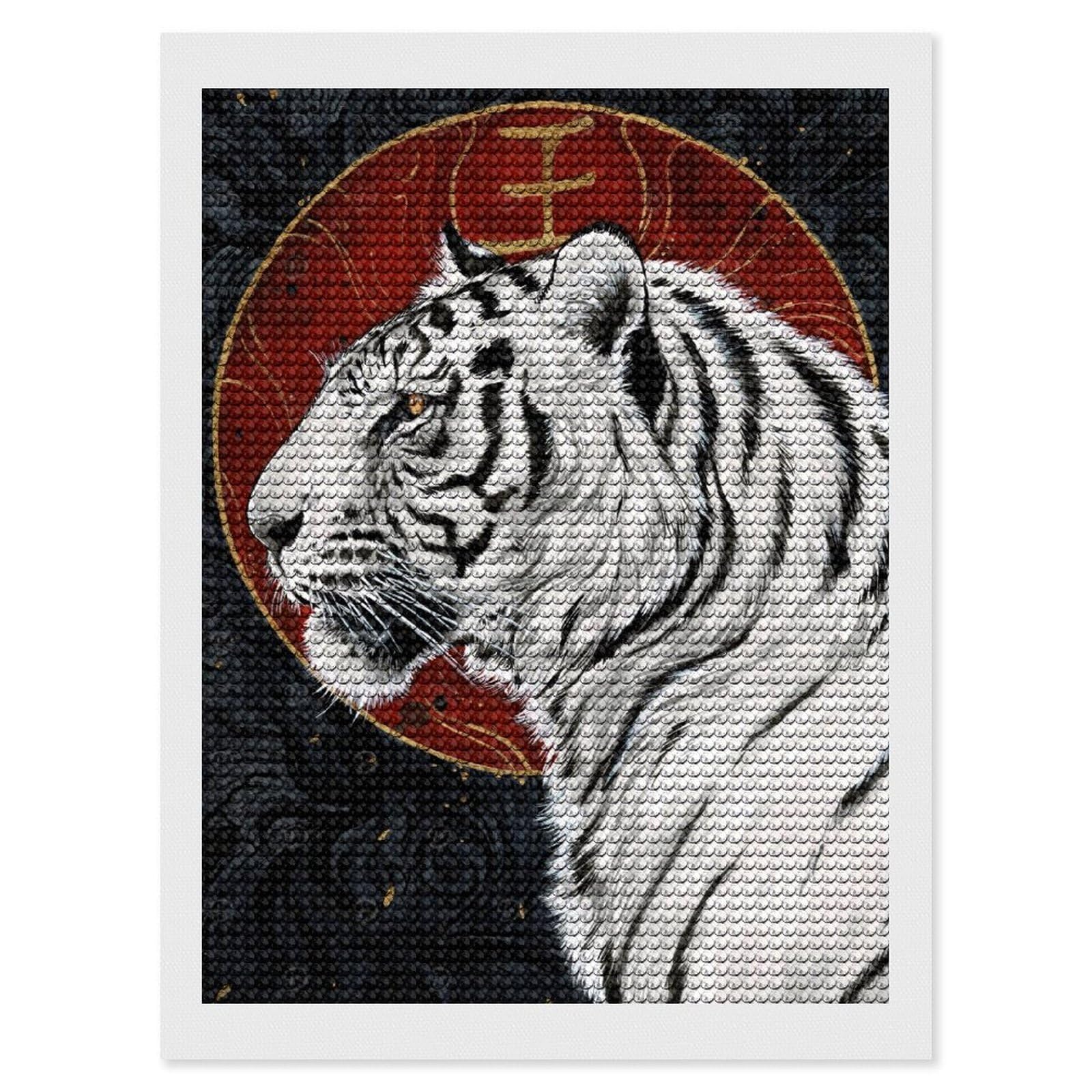 Junmoney White Tiger of The West Diamond Painting Canvas Set 12"x16", Easy to Enjoy, Adhesive Canvas, Office Decor, Holiday Gift Idea, with Tool Kit