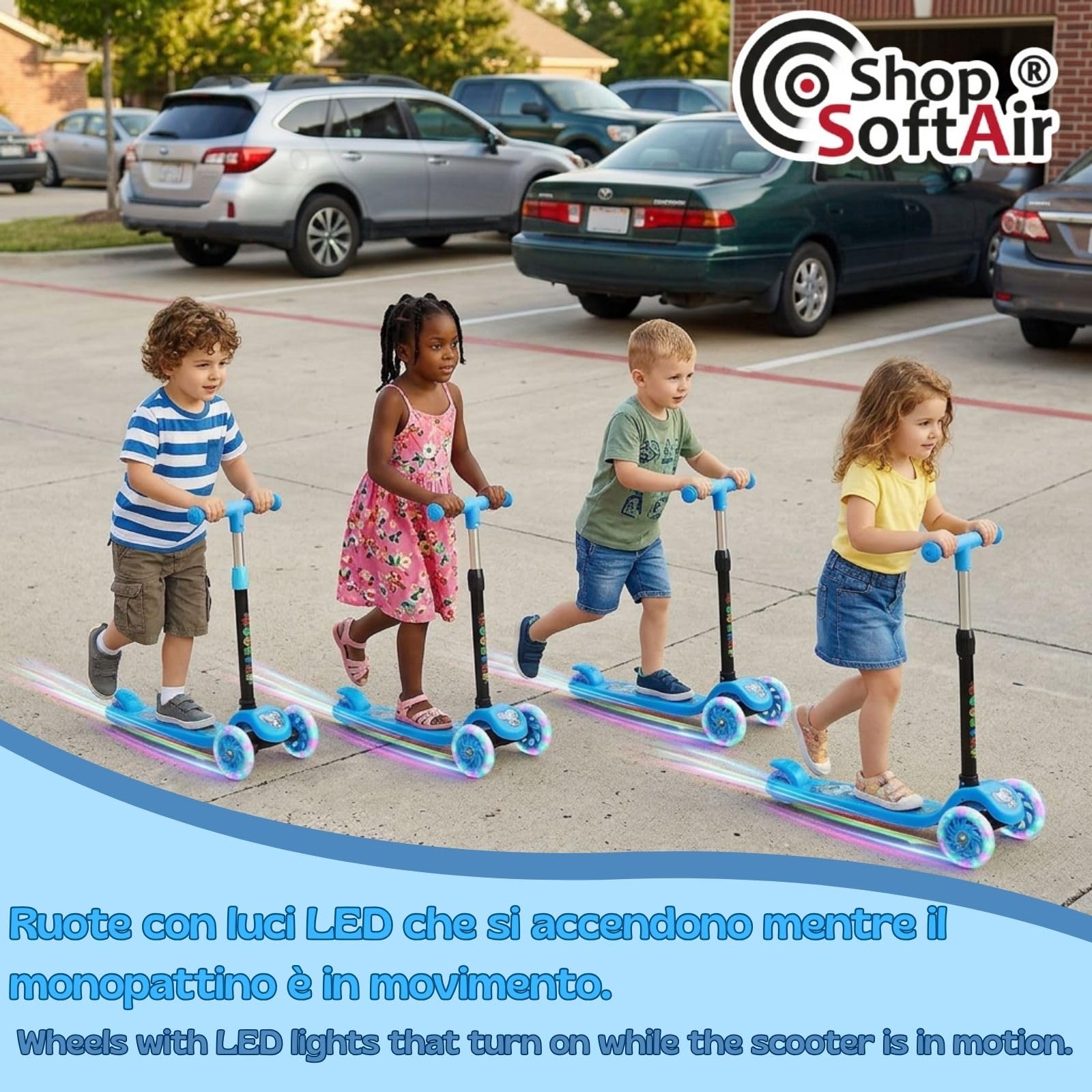 Monopattino 3 Ruote per Bambini 3+, Manubrio Regolabile in 4 Altezze, Ruote LED, 4 Colori, Max 20 kg