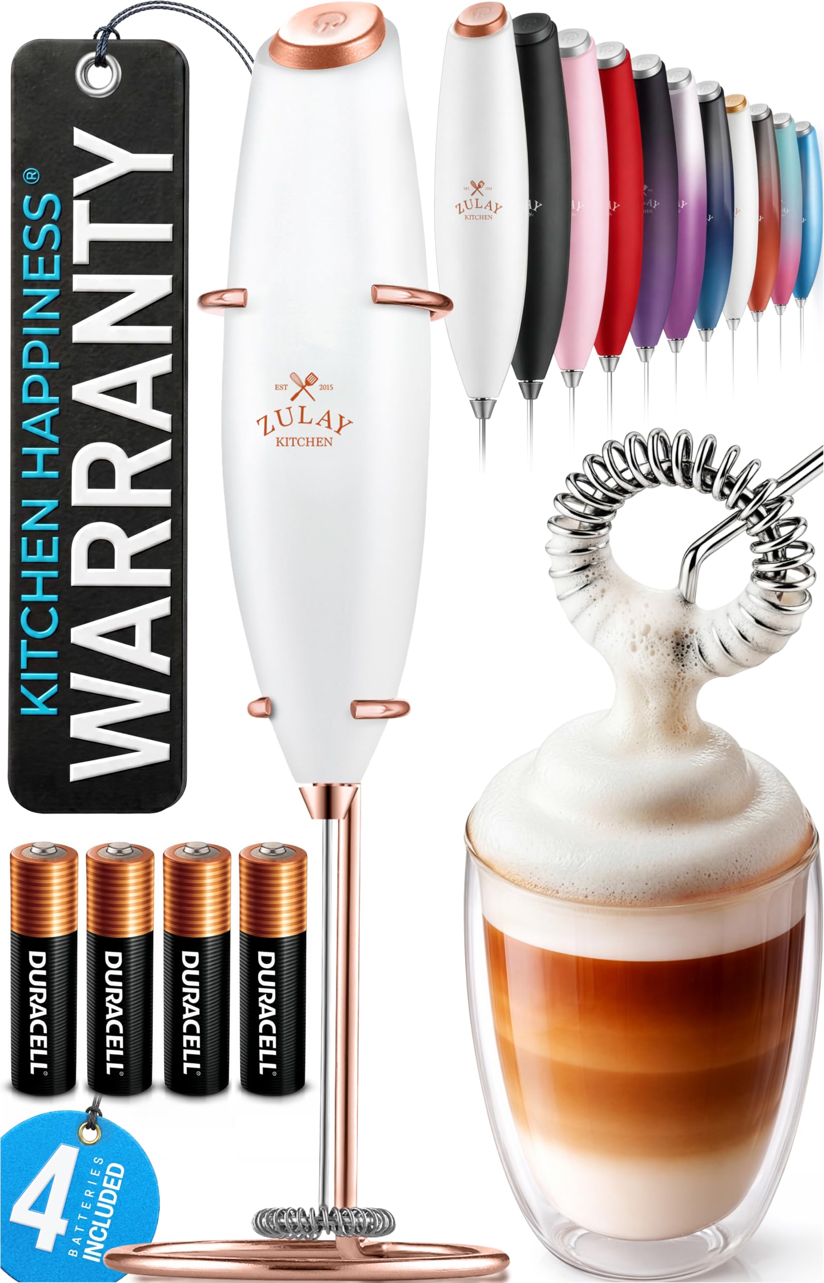 Zulay Kitchen Powerful Milk Frother Wand With Duracell Batteries - Ultra Fast Handheld Drink Mixer - Electric Whisk Foam Maker for Coffee, Lattes, Cappuccino &amp; Matcha - Z1 Motor - White &amp; Rose Gold