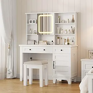 Farmhouse Makeup Vanity Desk with Solid Wood Stool, Makeup Vanity with Mirror and Lights & Power Outlet, Makeup Table with 2 Drawers, Dressing Table with Glass Top for Bedroom Dressing Room, White