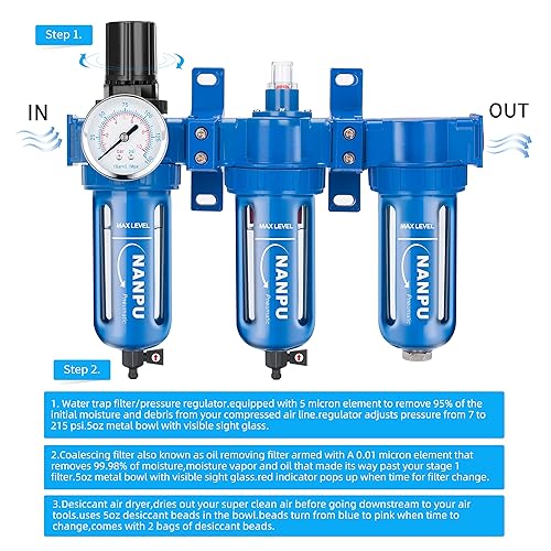 Miniatura 5 de NANPU Sistema de aire de 3 etapas de aleación de zinc filtro de partículas, filtro coalescente, secadora desecante y regulador de aire, cuenco de