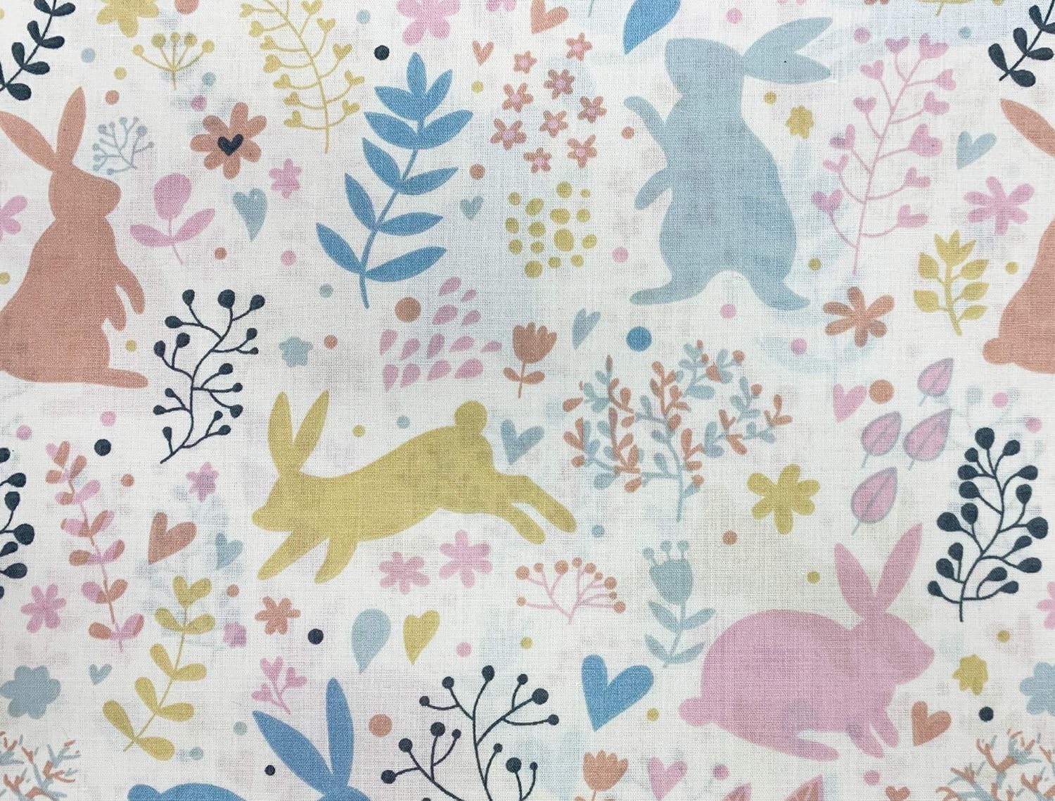Polycotton Fabric - Cute Spring Easter Bunny Rabbits on Cream - Craft Fabric Material Metre (TC0034)
