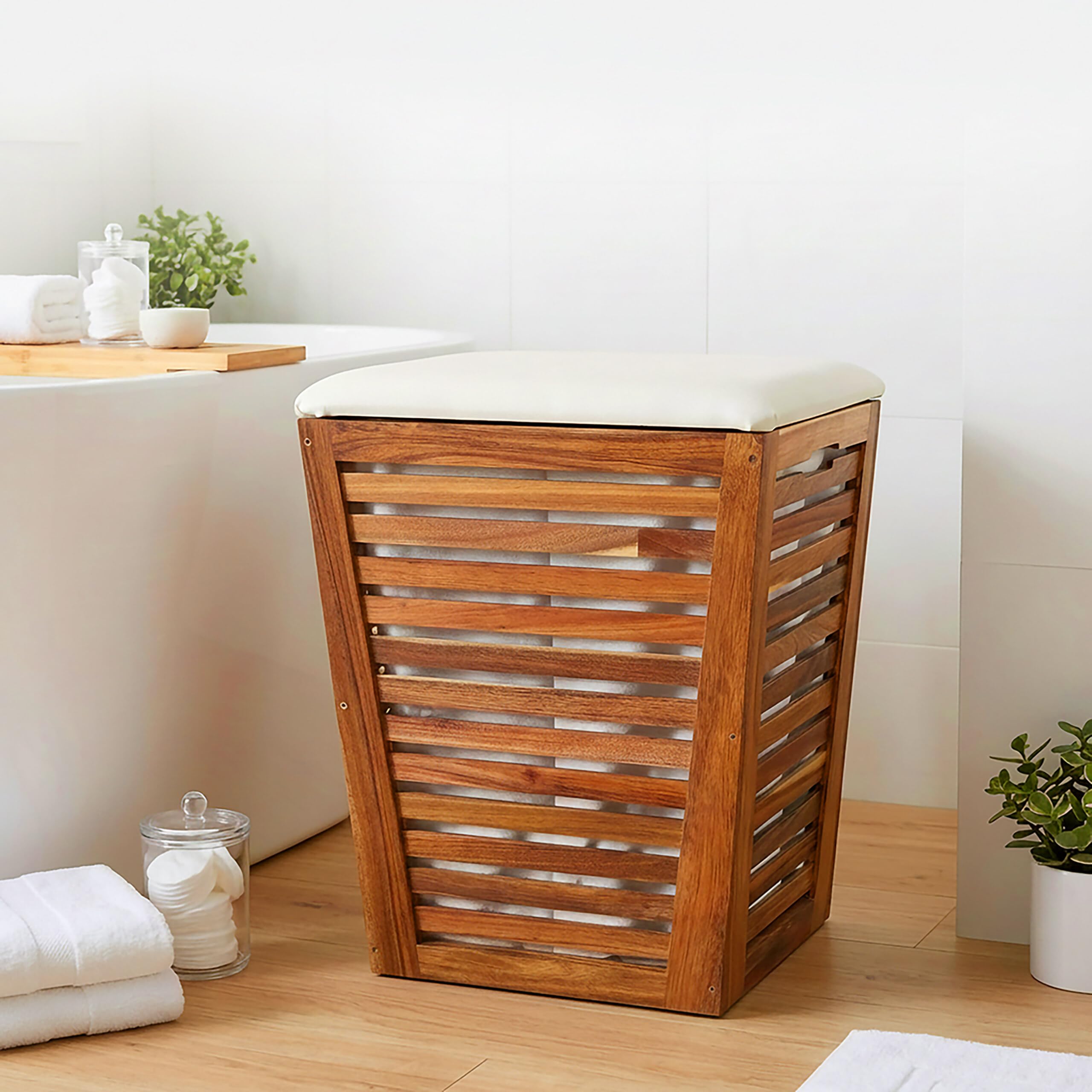 Relaxdays Wäschekorb mit Sitz, Badbank mit Stauraum, 50 l Wäschesammler, HBT 56x40x40 cm, Akazienholz, Stoff, braun/weiß