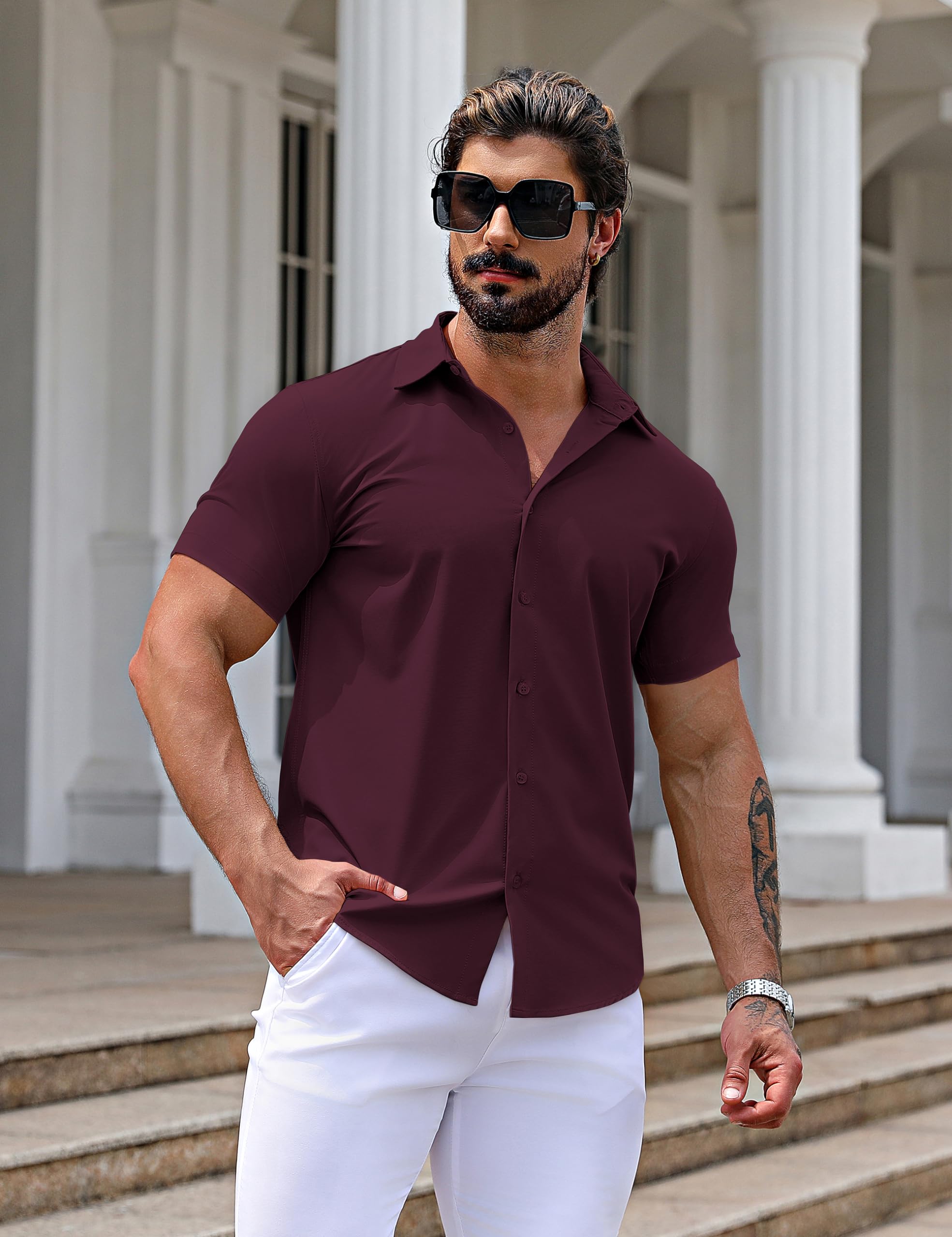URRU Camisas de Vestir musculares para Hombre, Ajustadas, elásticas, de Manga Corta, Casuales, con Botones, para Hombre, Manga Corta-Vino Rojo, Medium