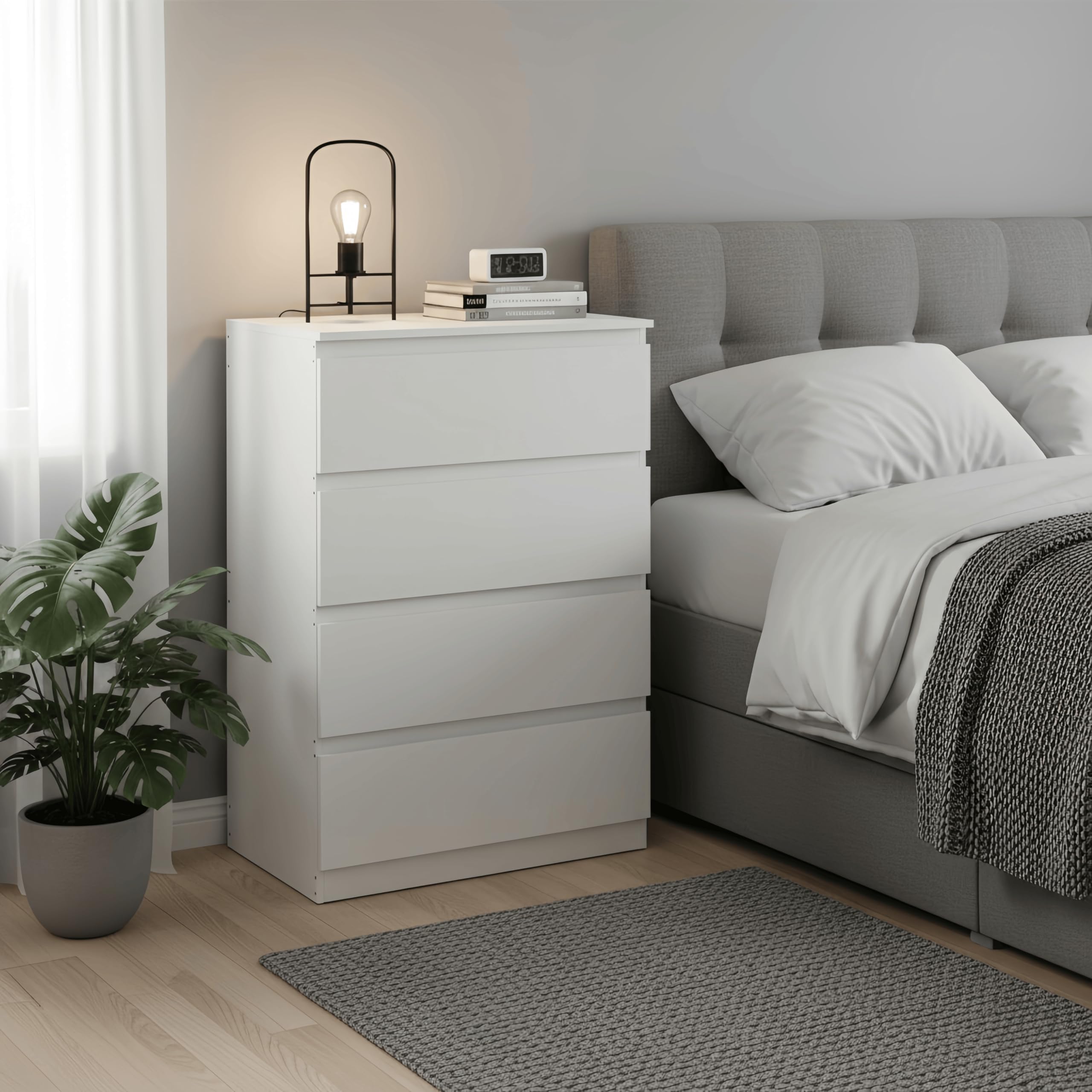 Kommode mit 4 Schubladen,Sideboard,Nachttisch,Beistelltisch,Modern Schmale Komode Weiß MDF Holz für Schlafzimmer Wohnzimmer Kinderzimmer Flur Badezimmer und Büro,60 x 40 x 98 cm
